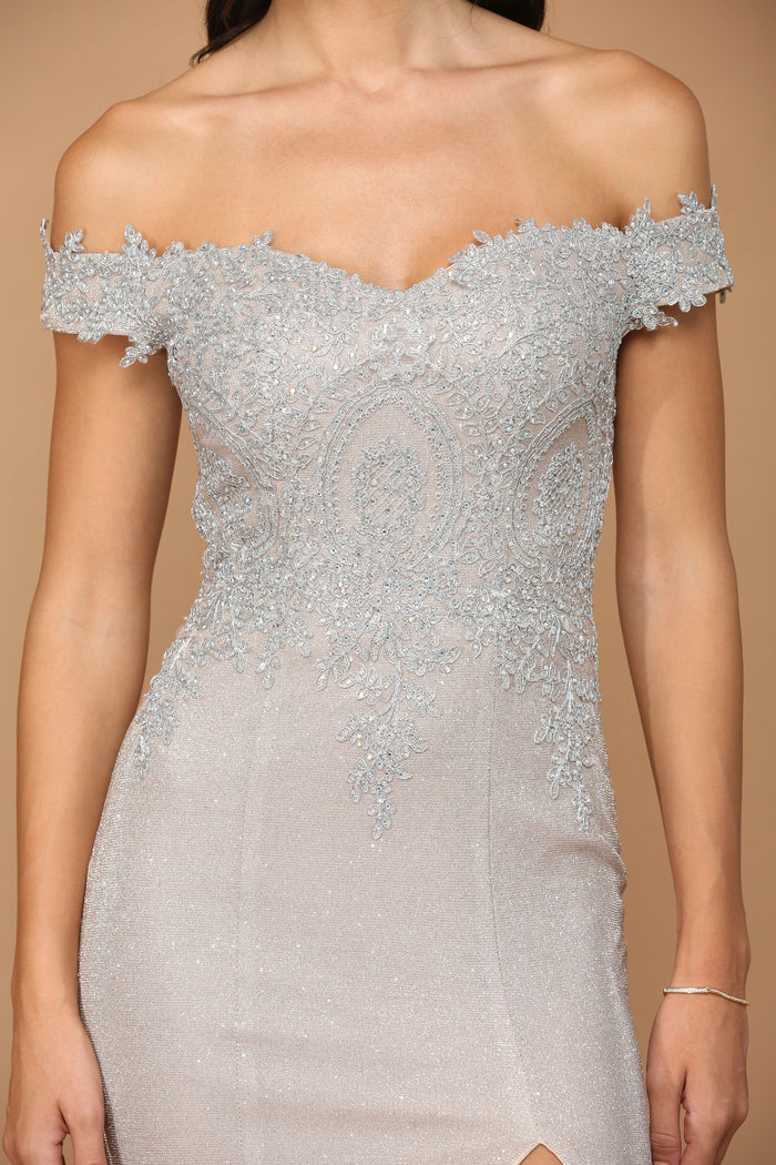 Long Off Shoulder Formal Metallic Prom Dress