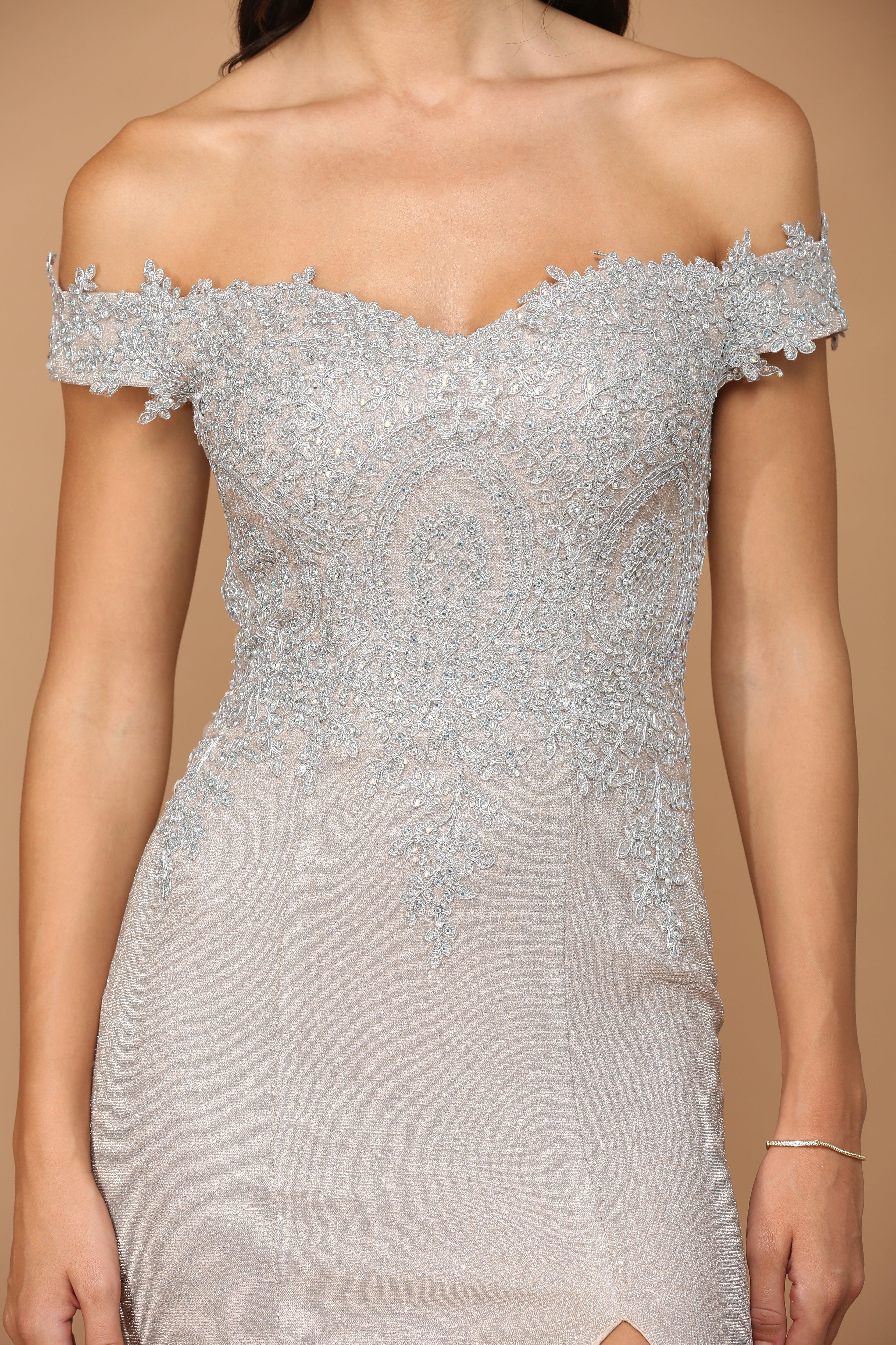 Long Off Shoulder Formal Metallic Prom Dress