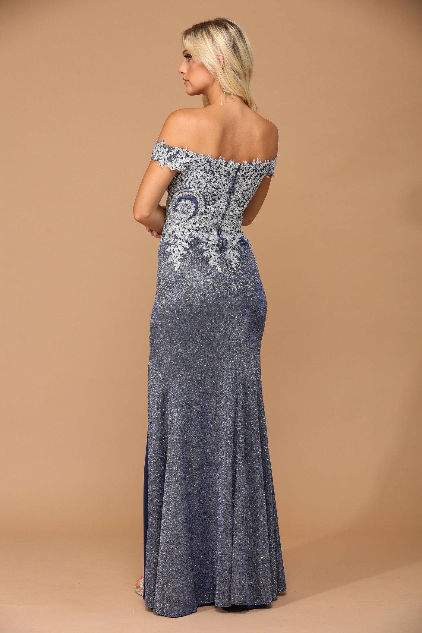 Long Off Shoulder Formal Metallic Prom Dress