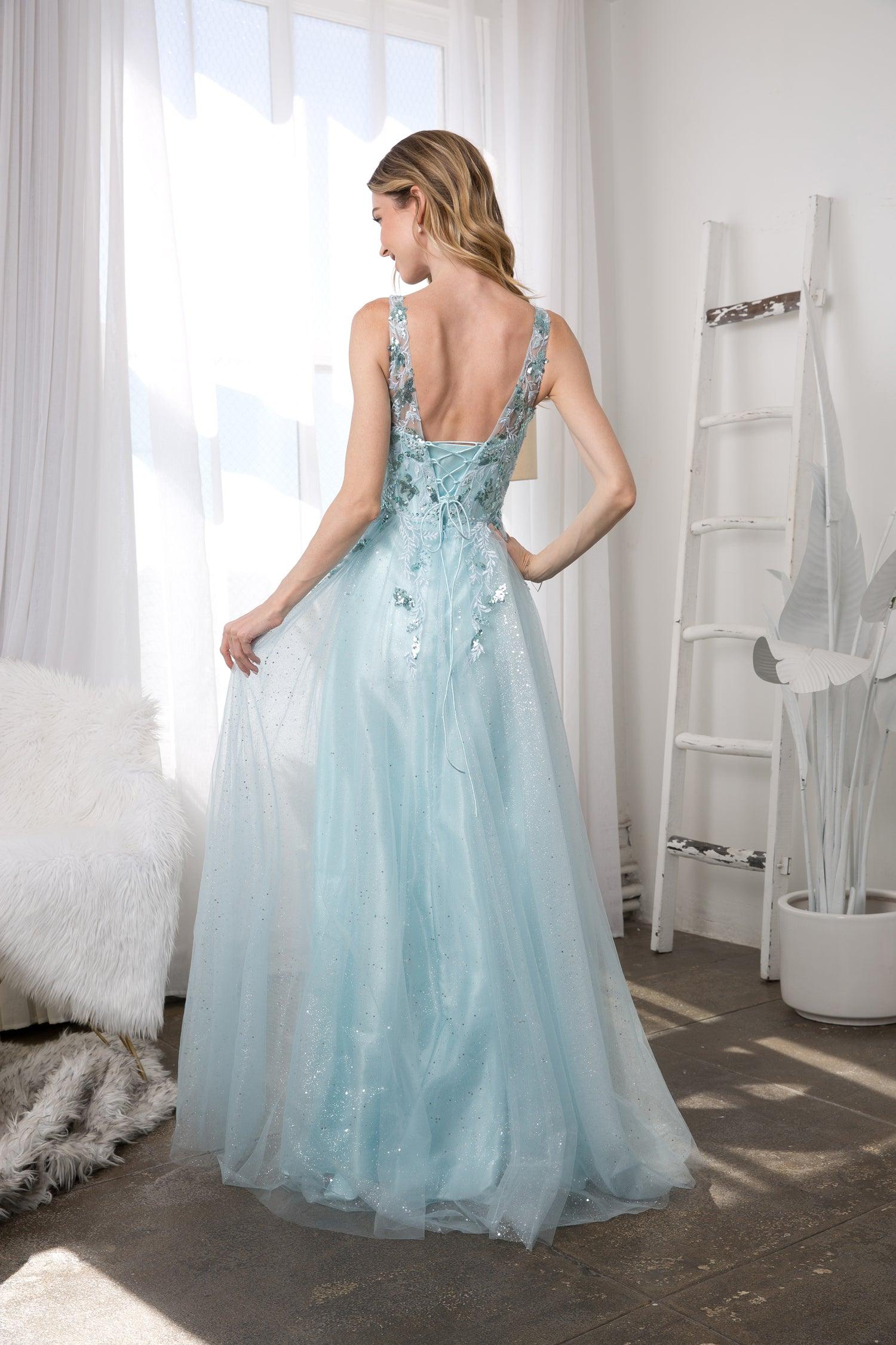 Ice Blue Eva Fashion 5244 Long Sleeveless Formal Prom Dress