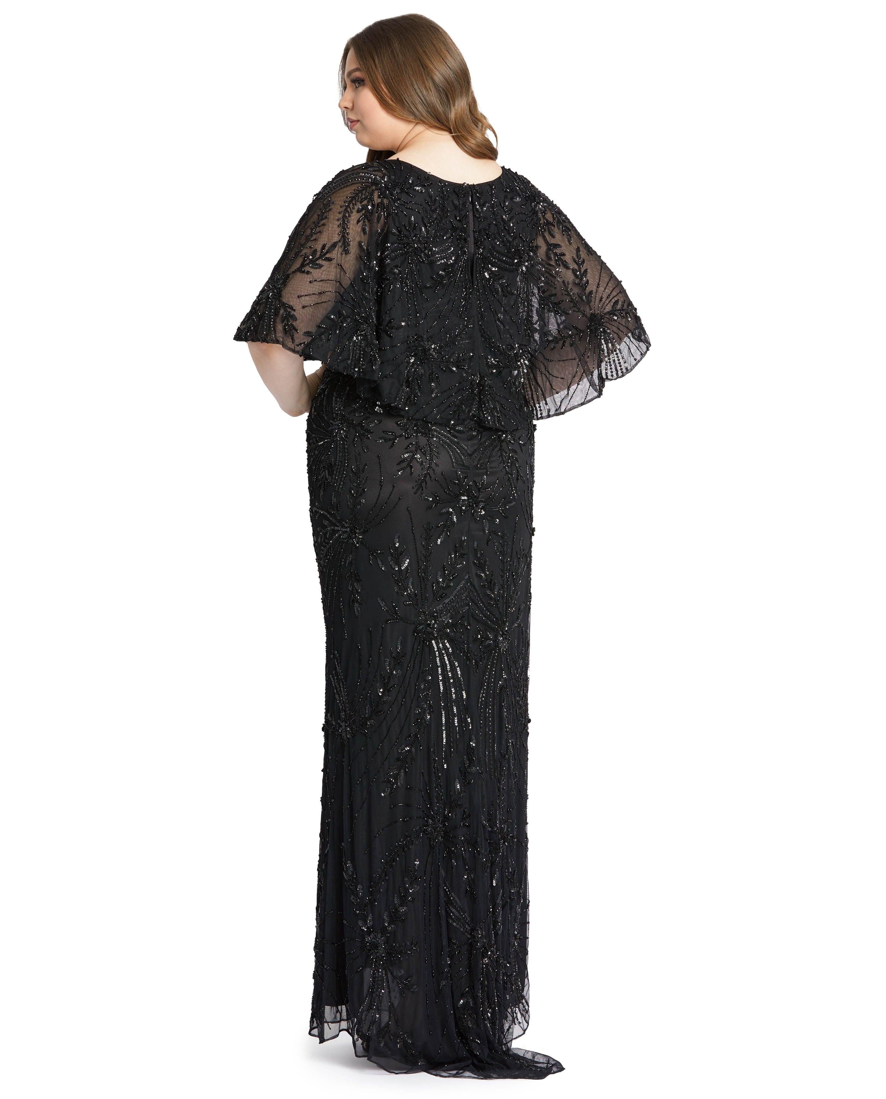 Black Mac Duggal 5335 Fabulouss Plus Size Long Cape Sleeve Dress