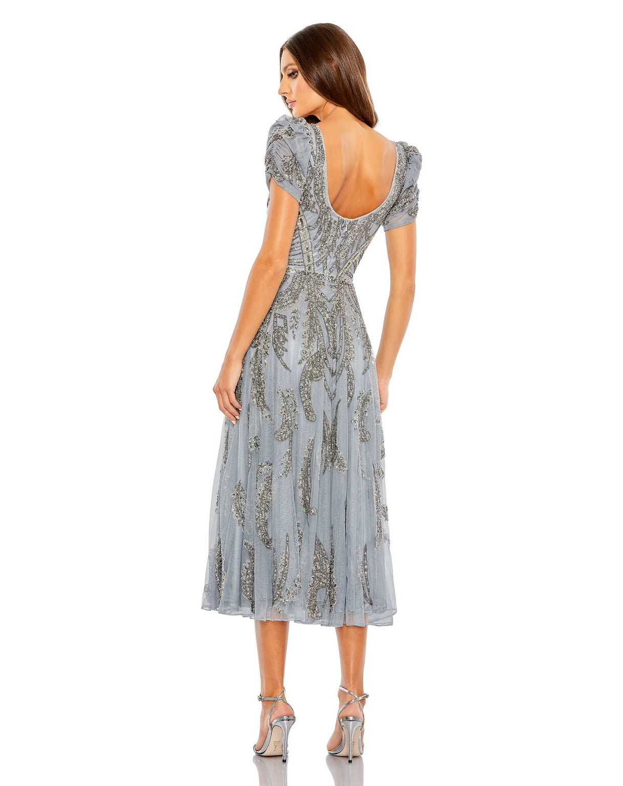 Mac Duggal 5434 Beaded Short Sleeve Tea Length Dress