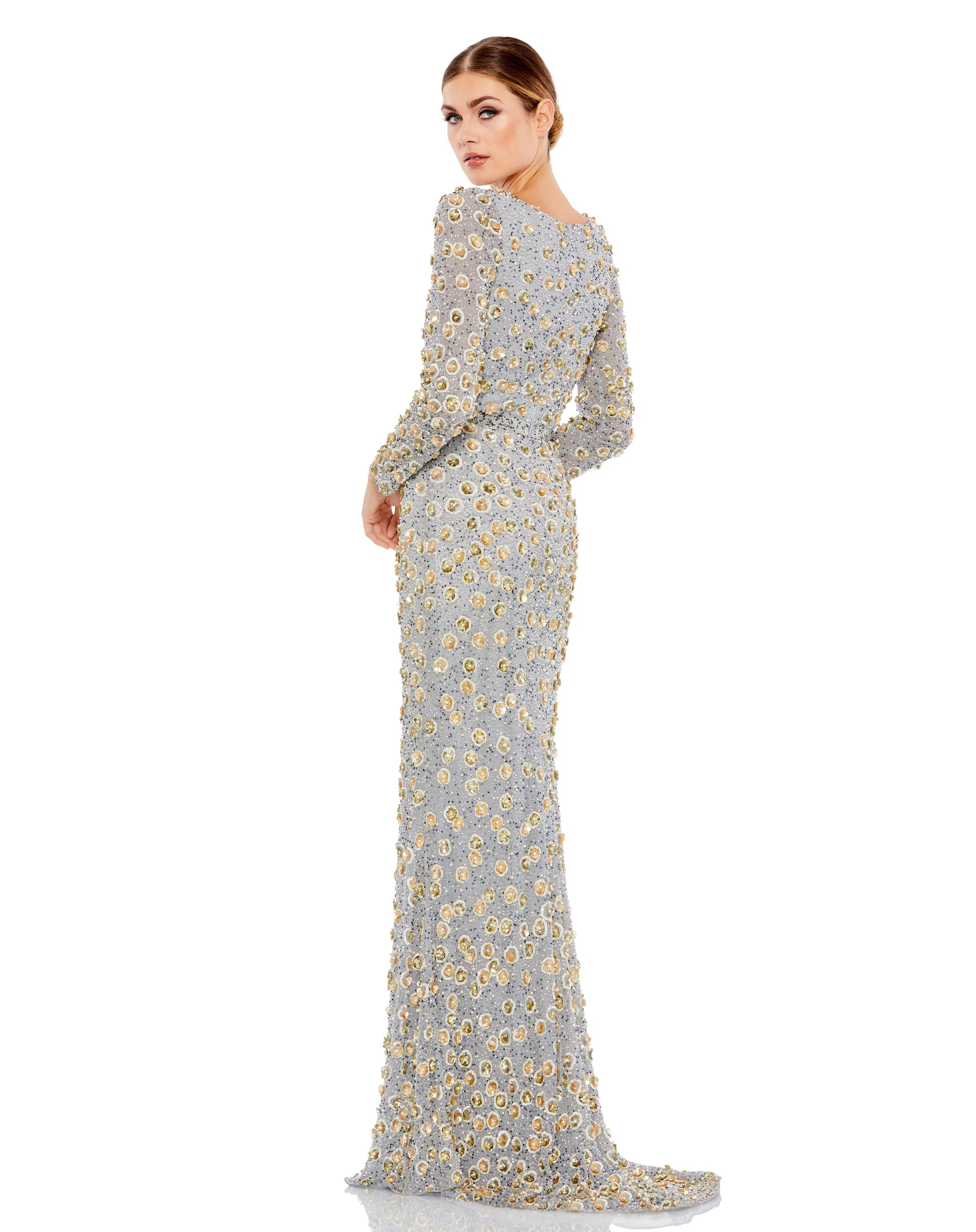 Mac Duggal 5437 Long Sleeve Formal Floral Beaded Evening Dress