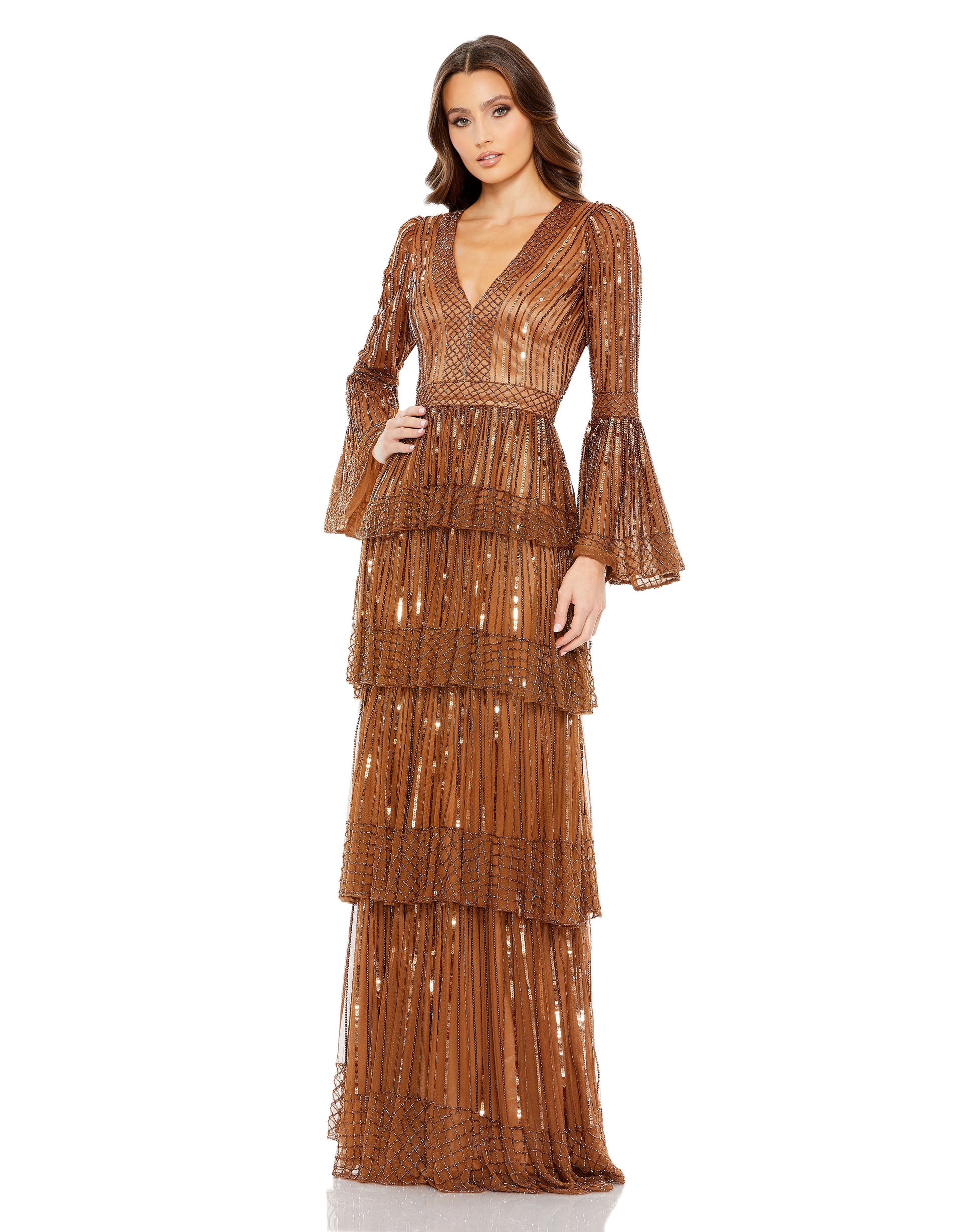 Mac Duggal 5442 Long Sleeve Formal Tiered Evening Dress