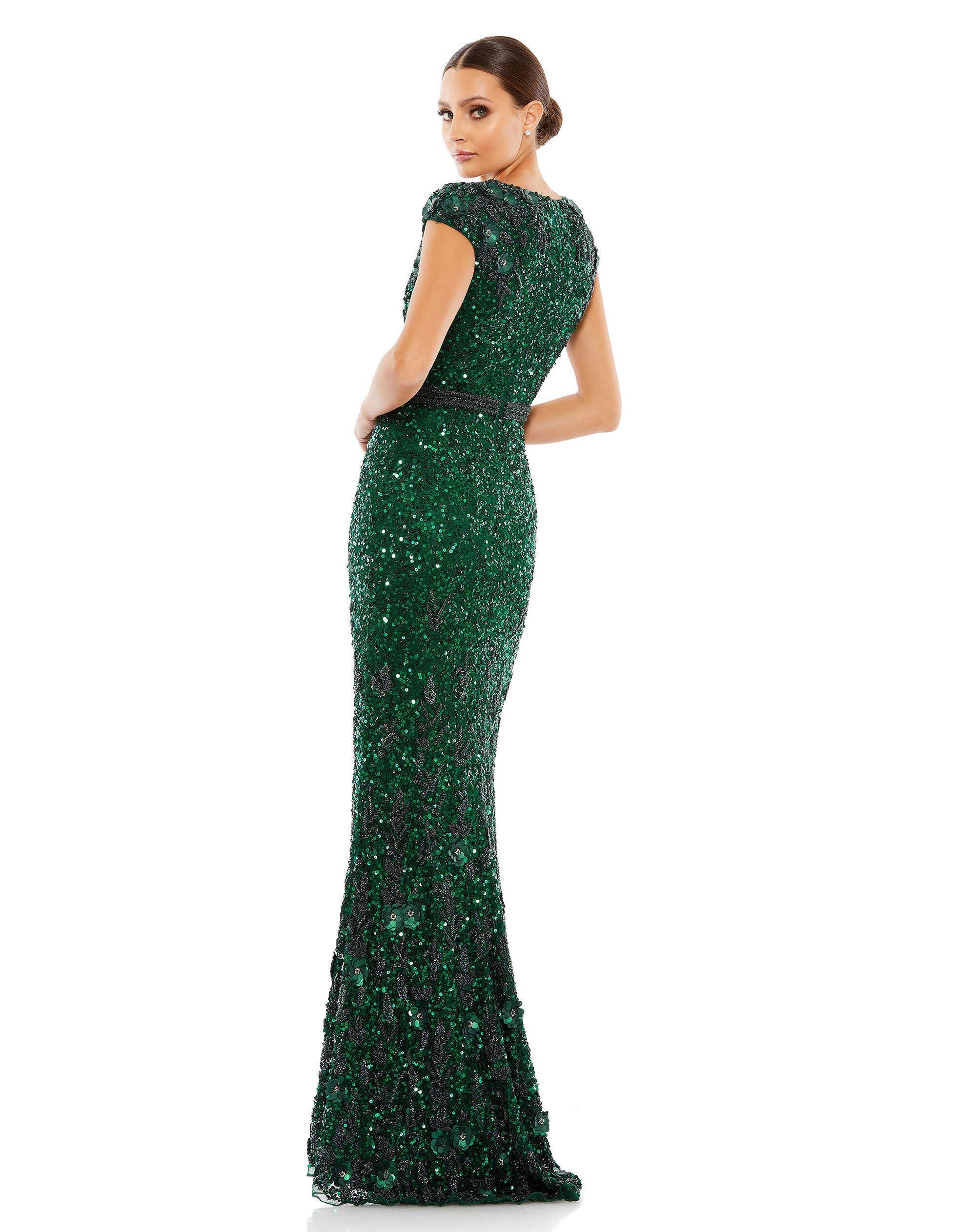 Formal Dresses Long Embellished V Neck Cap Sleeve Sequin Dress Bottle Green