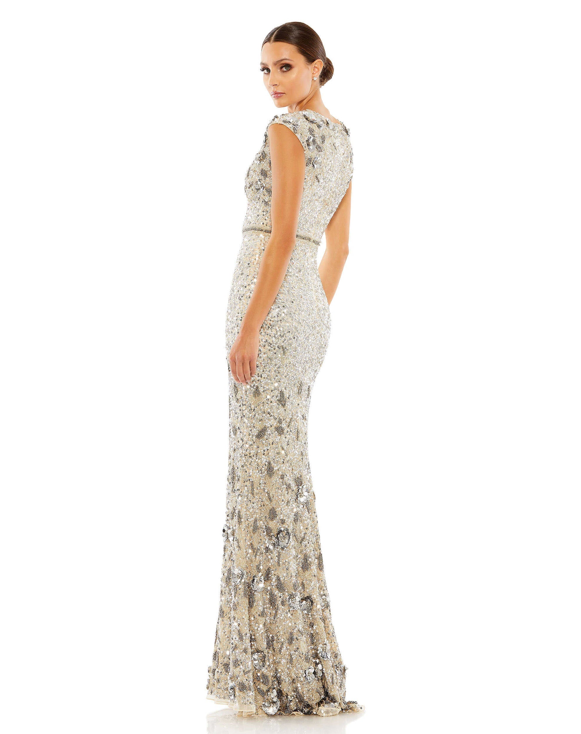 Mac Duggal 5505 Long Embellished V Neck Cap Sleeve Sequin Dress