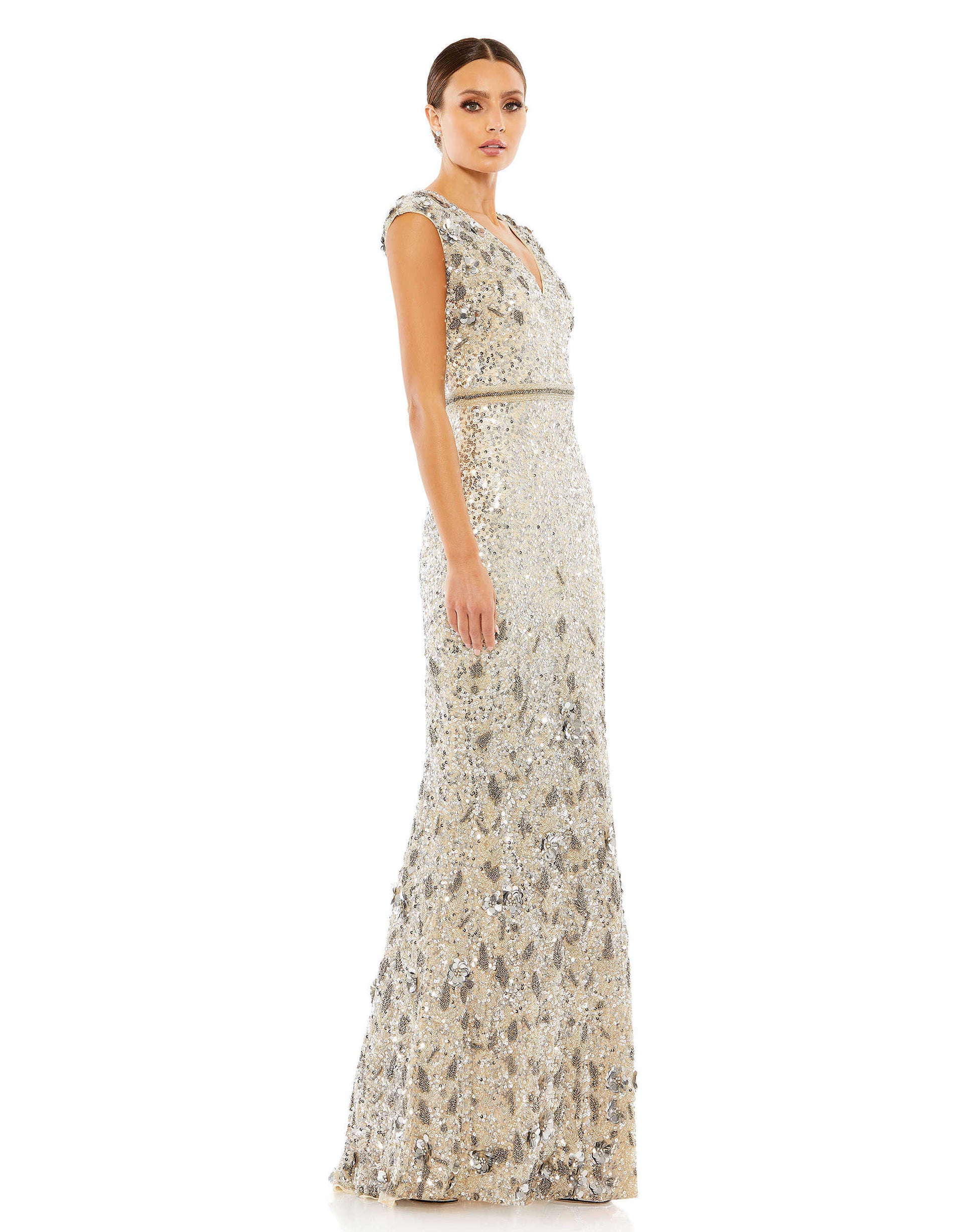 Mac Duggal 5505 Long Embellished V Neck Cap Sleeve Sequin Dress