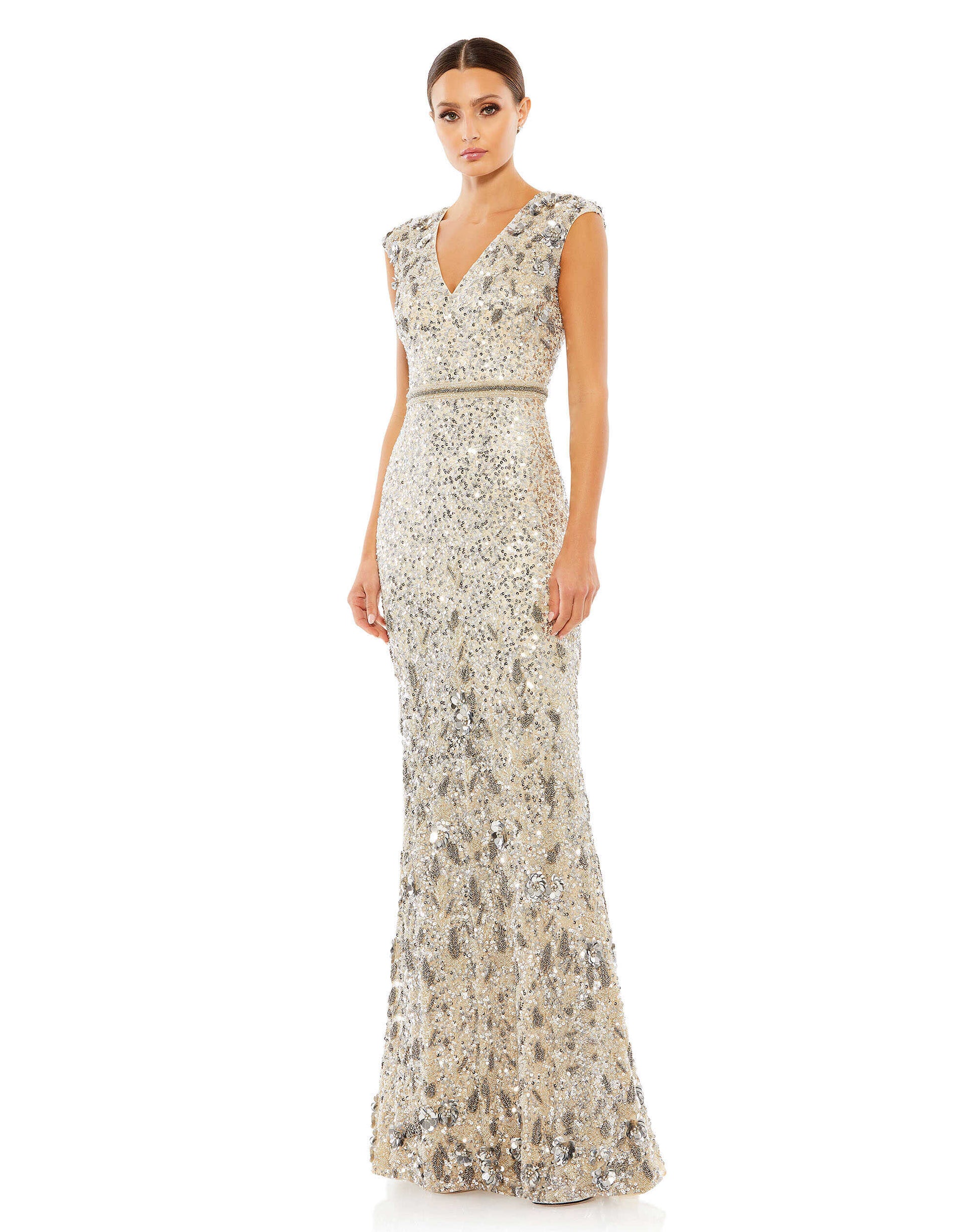 Mac Duggal 5505 Long Embellished V Neck Cap Sleeve Sequin Dress