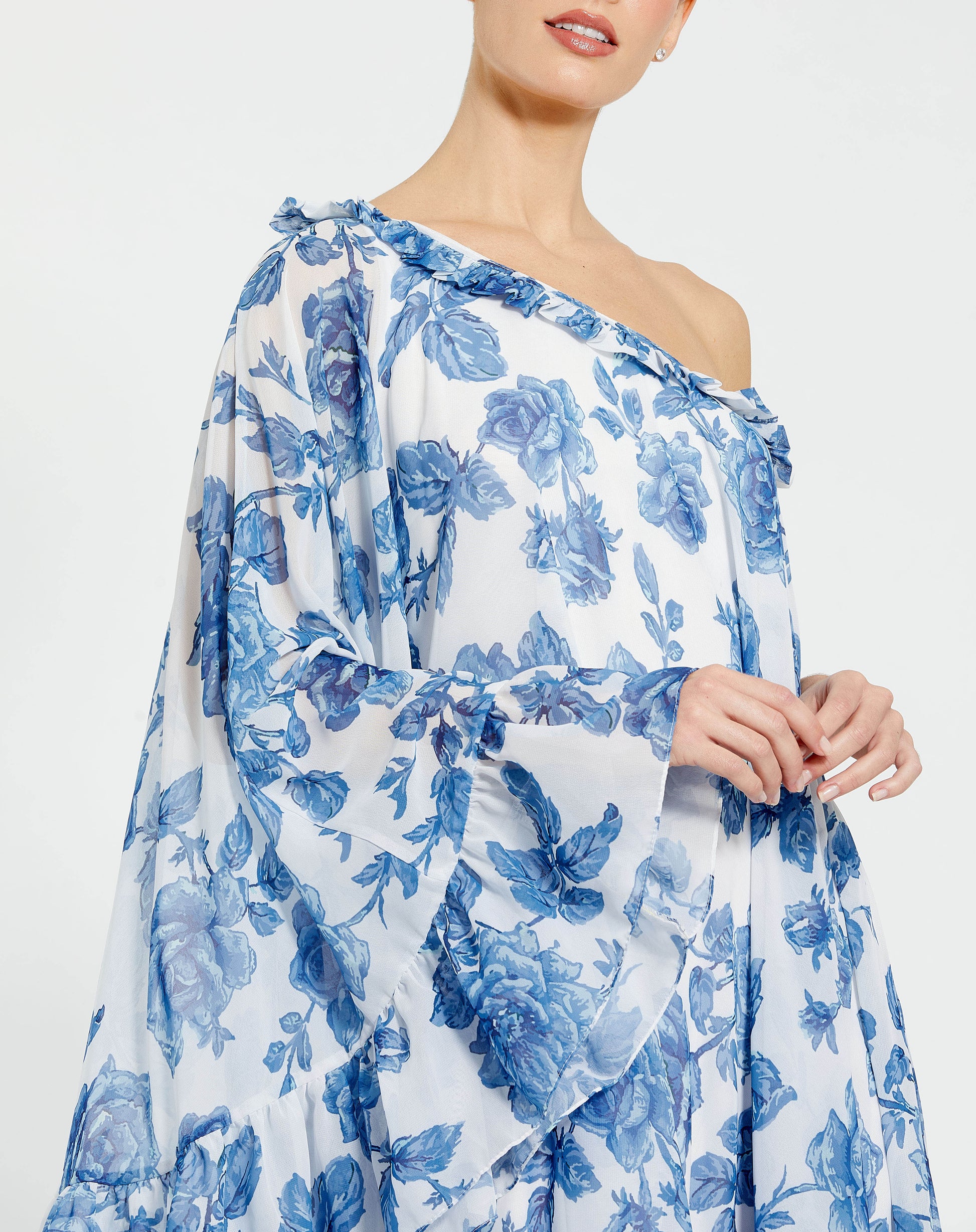 Mac Duggal 55073 High Low Floral Cape Sleeve Cocktail Dress