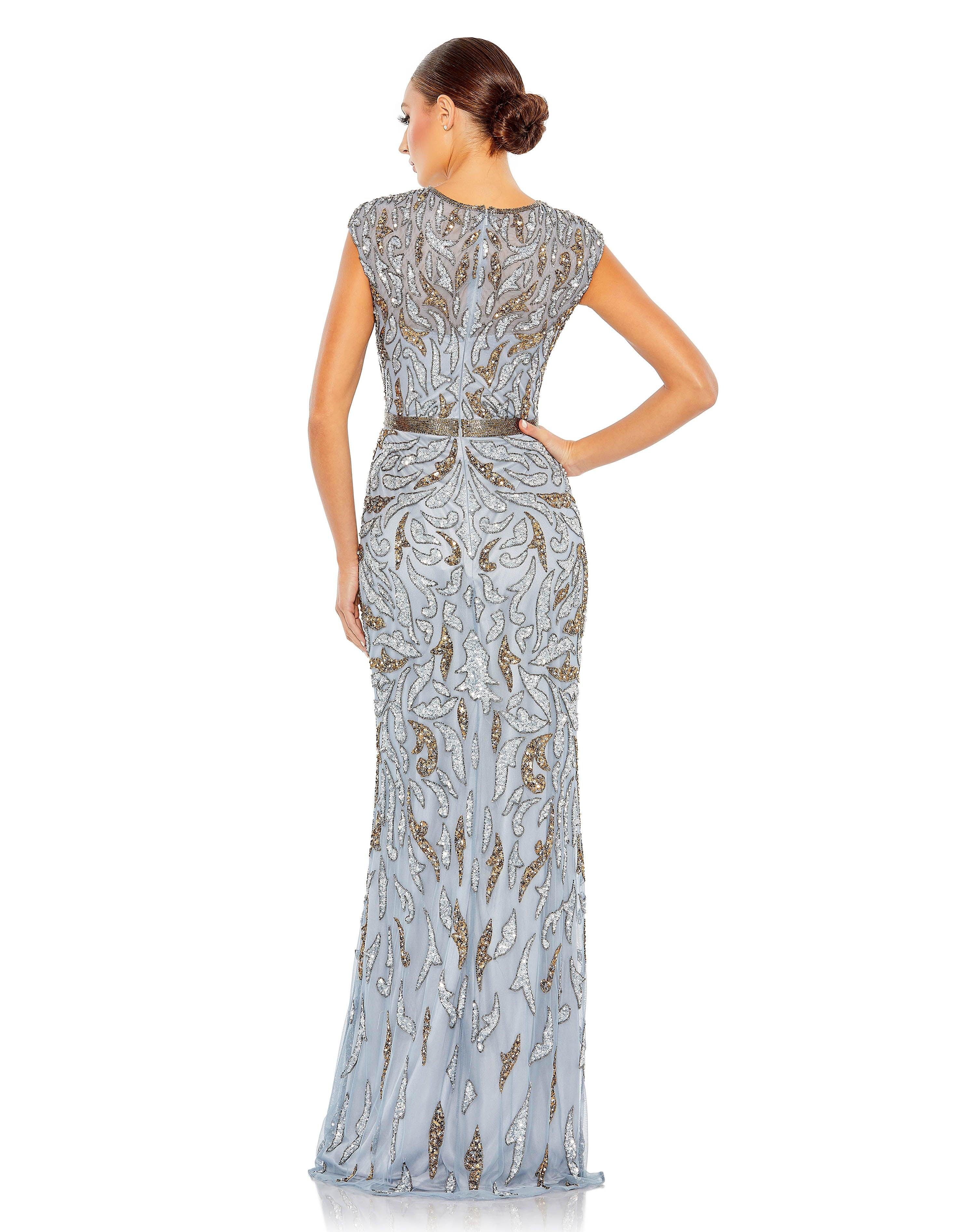 Formal Dresses Long Cap Sleeve Beaded Formal Dress Platinum Gold