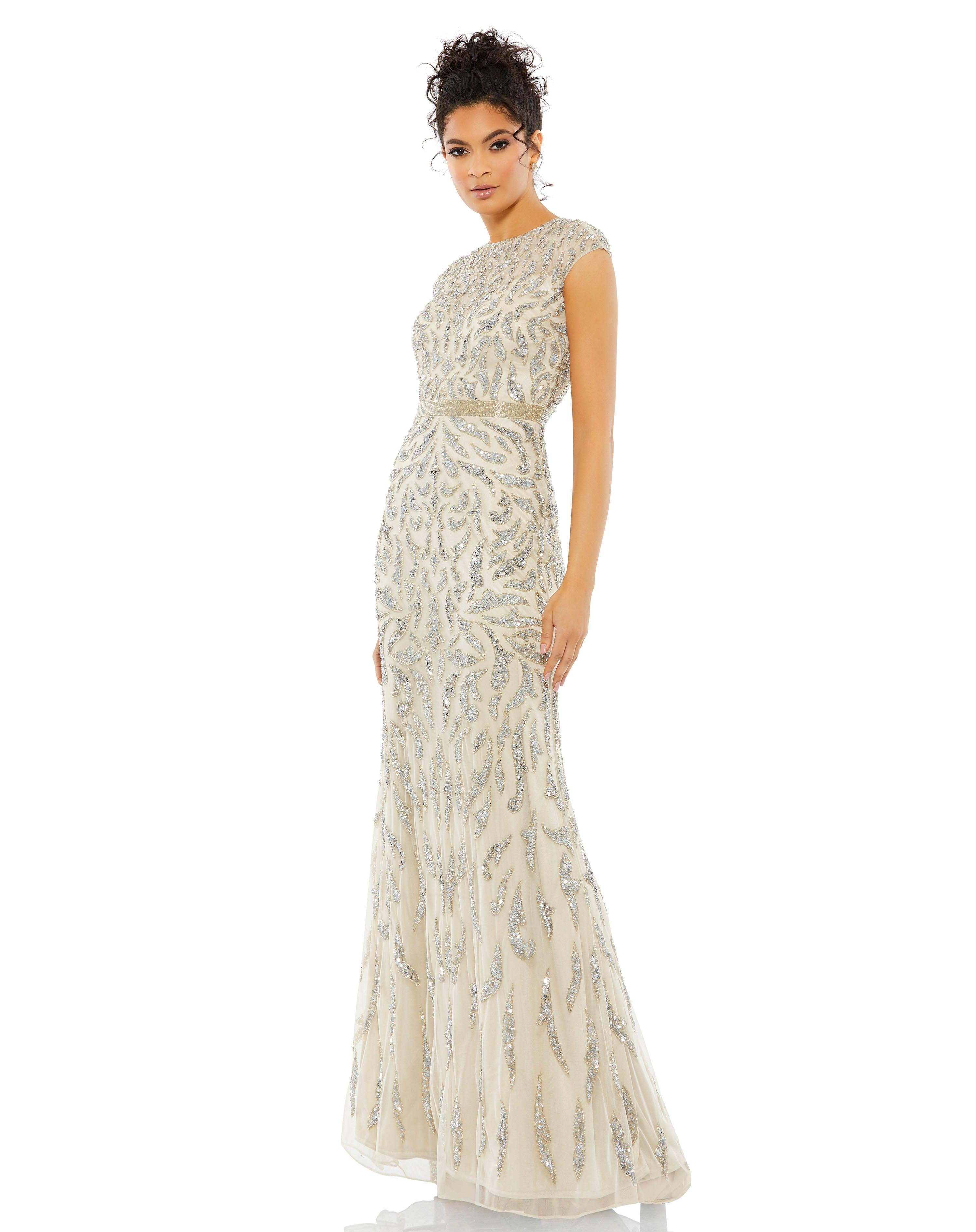 Formal Dresses Long Cap Sleeve Beaded Formal Dress Silver Nude
