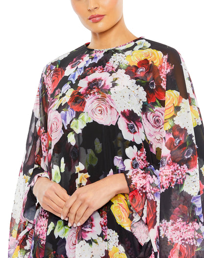 Mac Duggal 55404 Short Cape Sleeve Floral Dress
