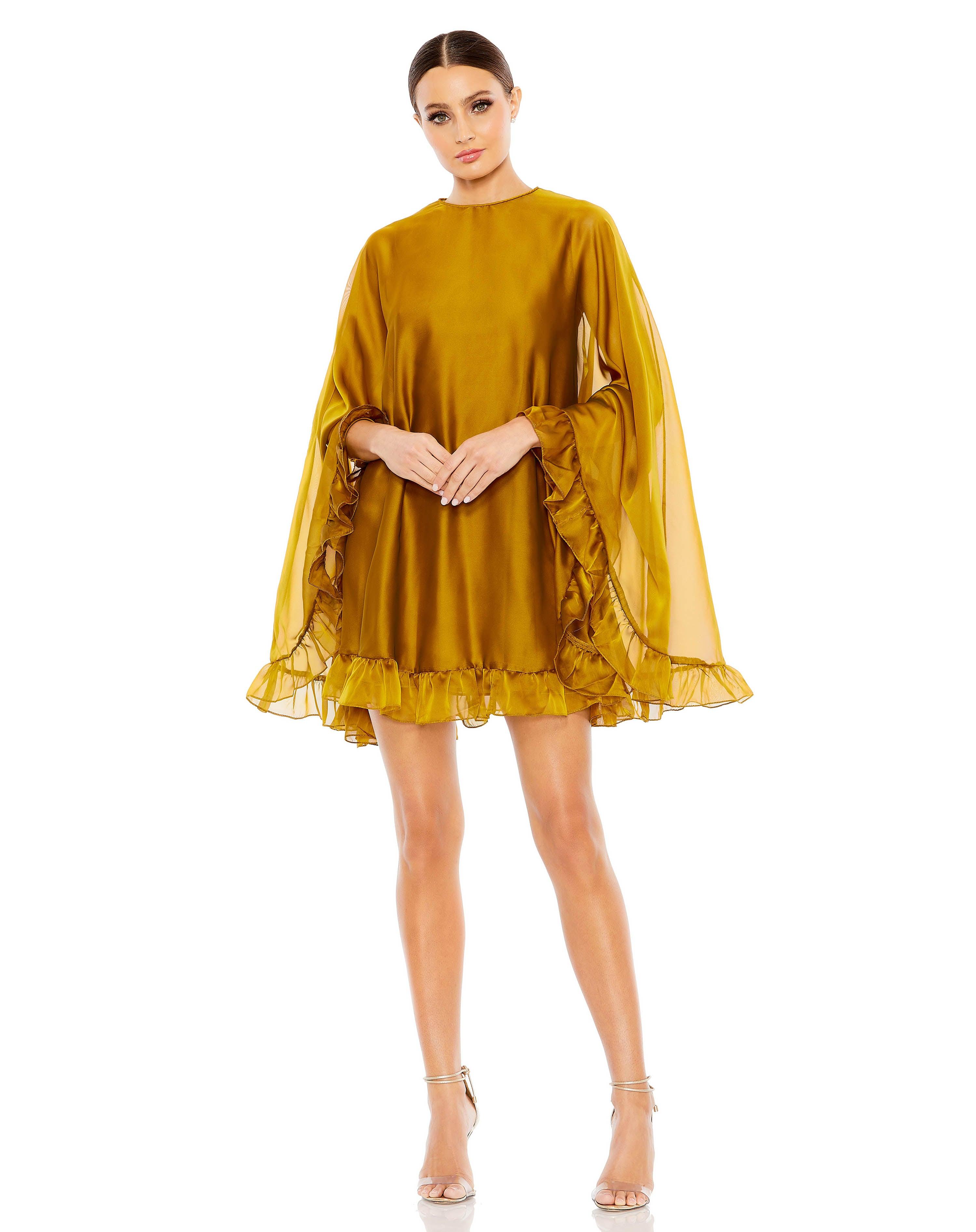 mac duggal sequin cocktail cape short dress Mac Duggal Women's High Neck Ruffle Hem Cape Mini Dress - Gold - Size 2