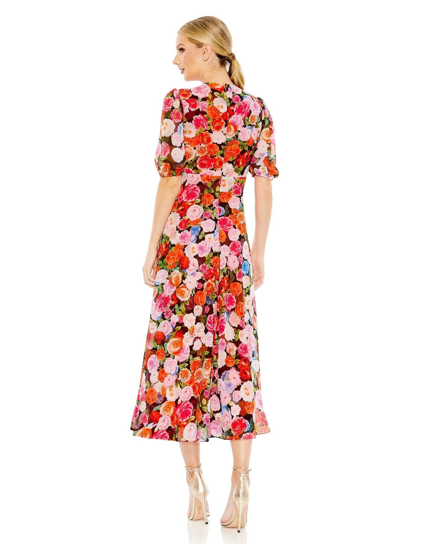 Mac Duggal 55626 Formal Floral Print Chiffon Midi Dress