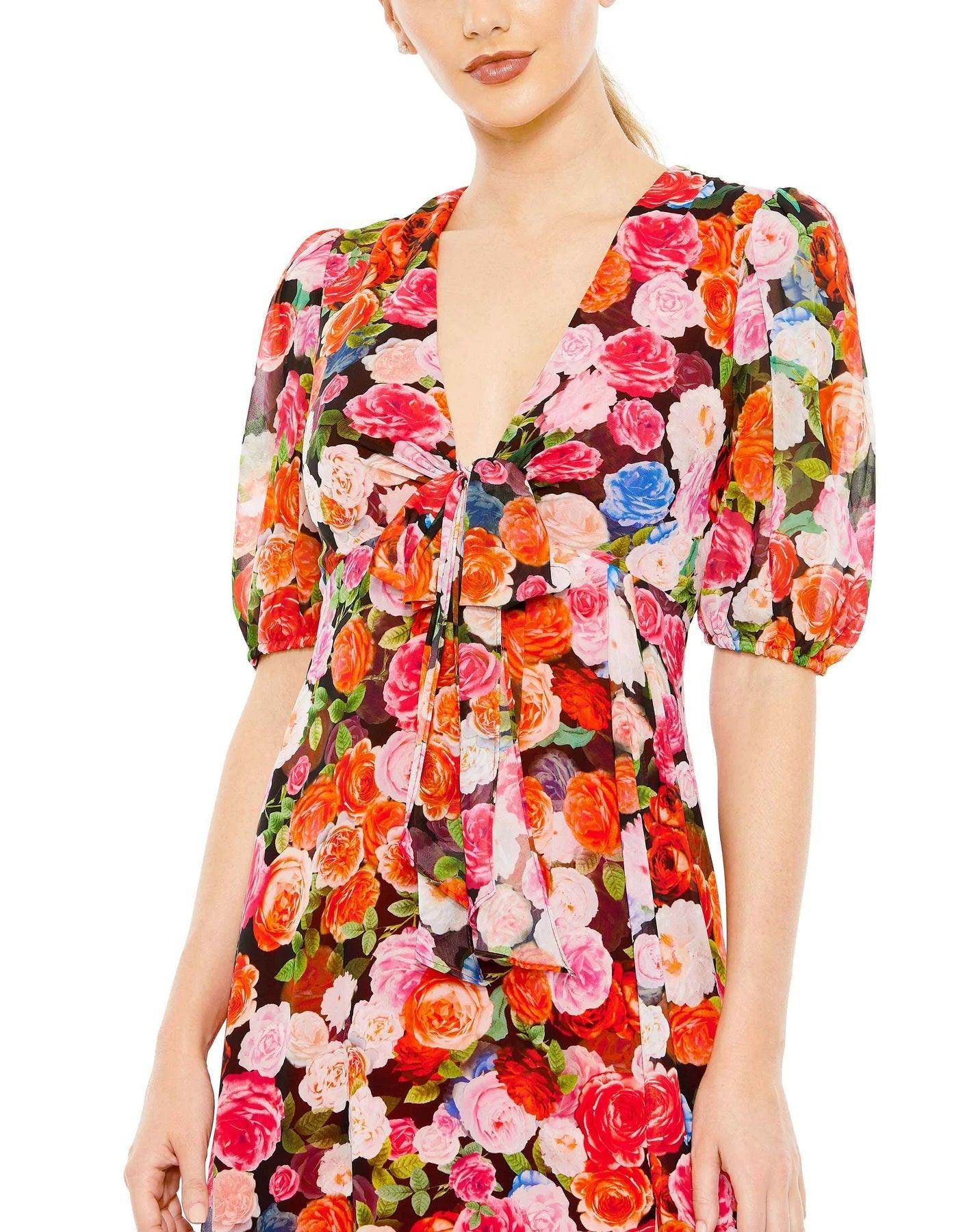 Mac Duggal 55626 Formal Floral Print Chiffon Midi Dress