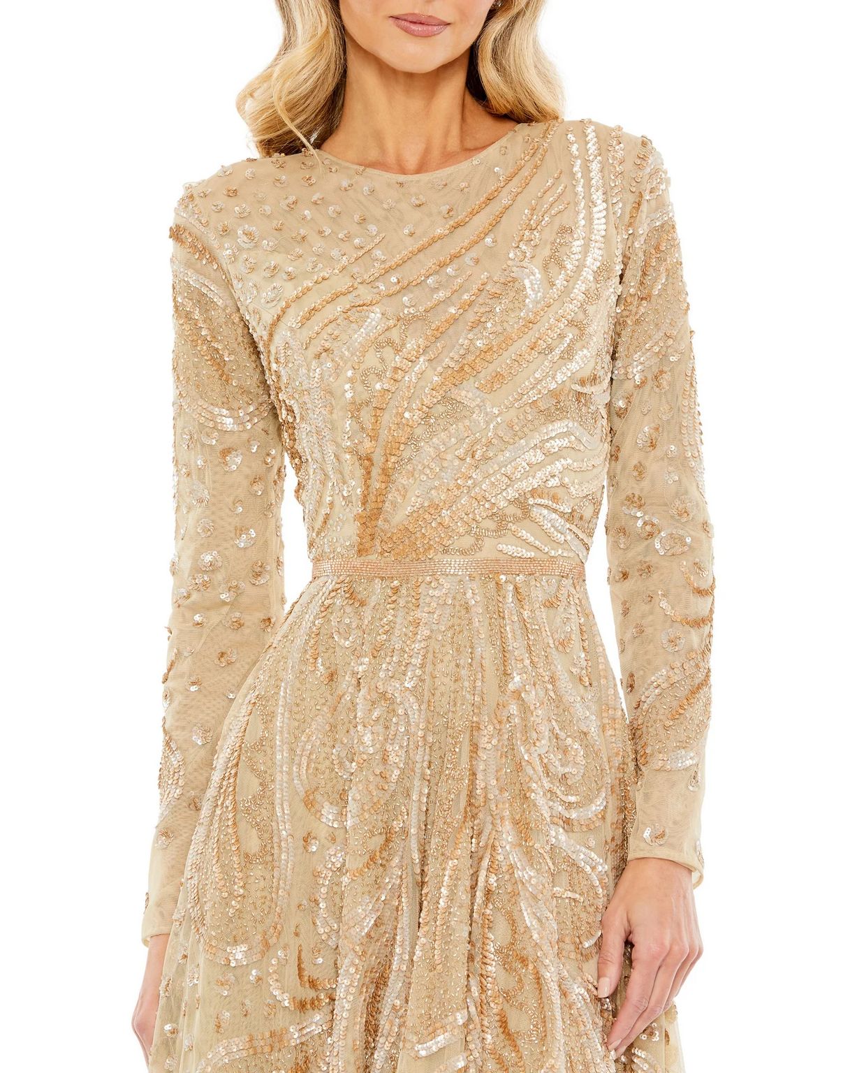 Embellished Illusion High Neck Long Sleeve Midi Dress Illusion High Ne –  The Dress Outlet