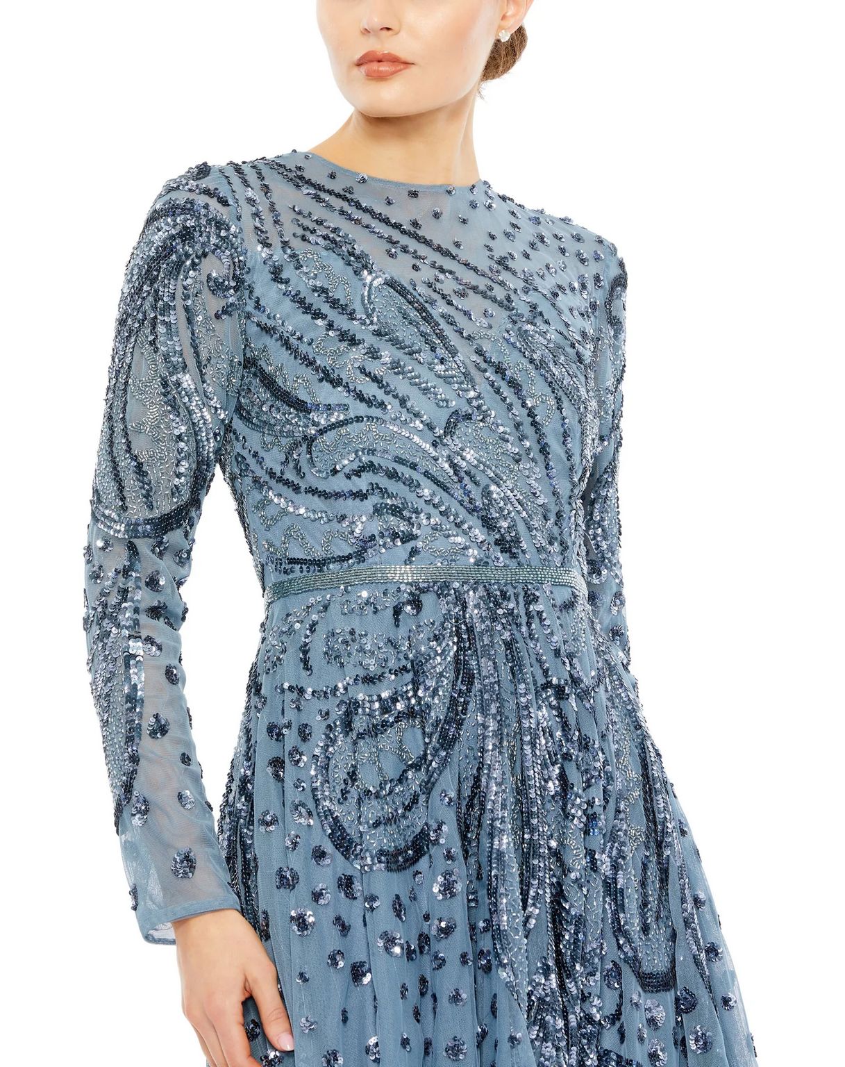 Slate Blue Mac Duggal 5572 Embellished Illusion High Neck Long Sleeve Midi Dress for $598.0 ...