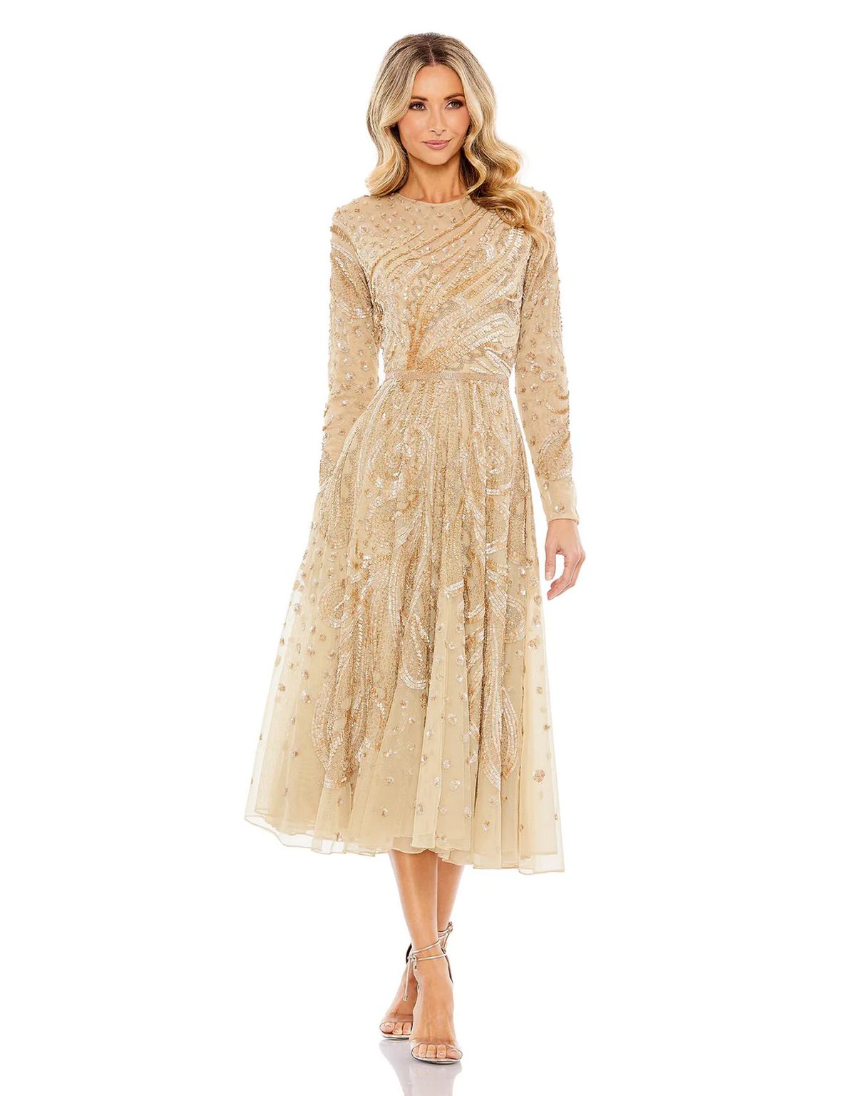 Slate Blue Mac Duggal 5572 Embellished Illusion High Neck Long Sleeve Midi Dress for $598.0 ...