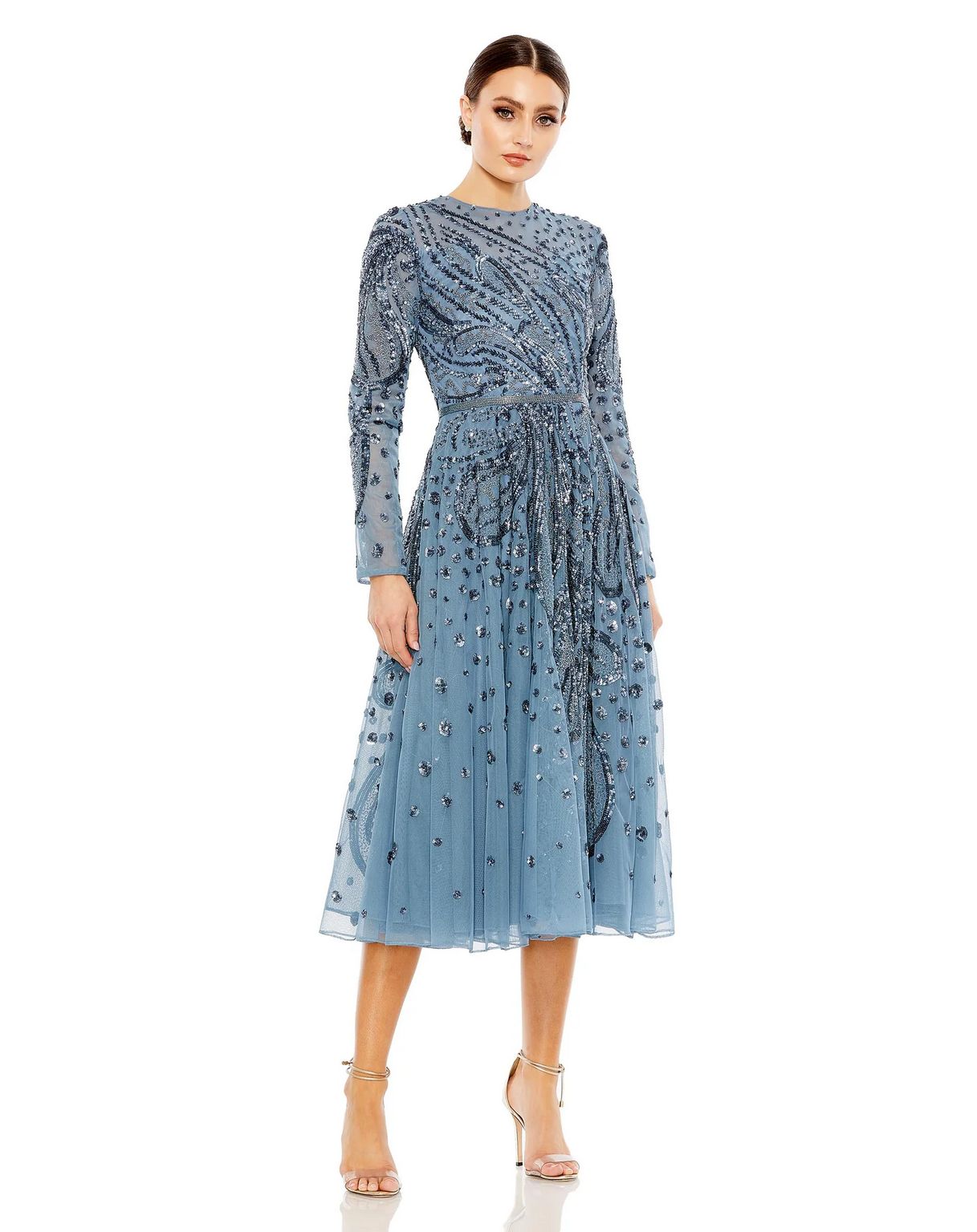 Slate Blue Mac Duggal 5572 Embellished Illusion High Neck Long Sleeve Midi Dress for $598.0 ...