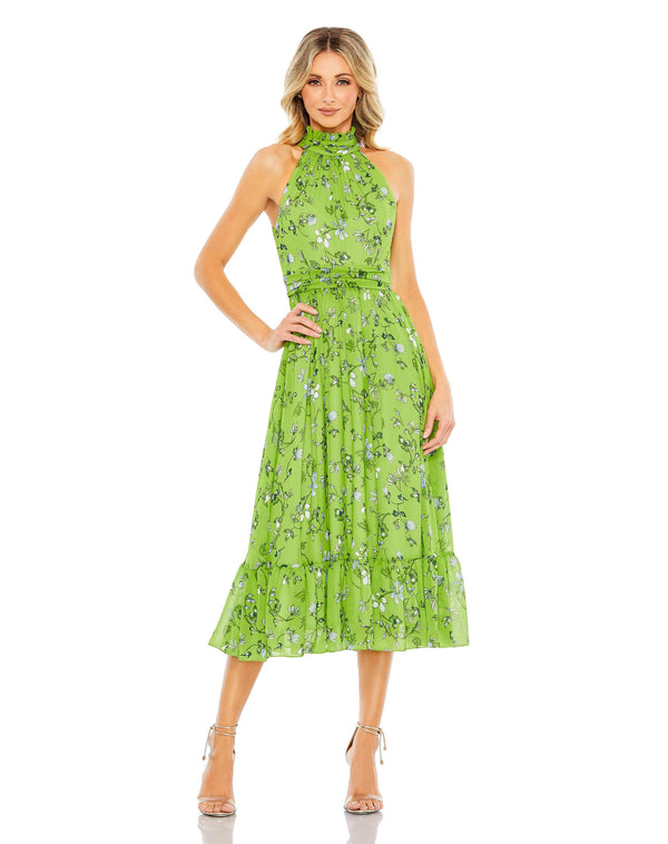 Floral Halter Tea Length Dress Floral Design & Tea Length Mac Duggal 55854