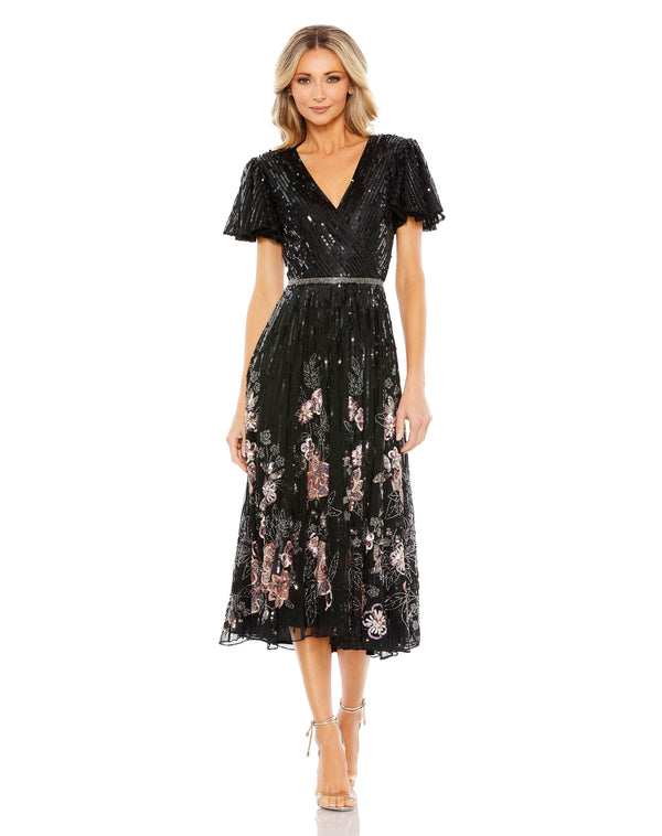 Short Sleeve Floral Tea Length Dress Floral Detail & Short Sleeves Mac Duggal 5587