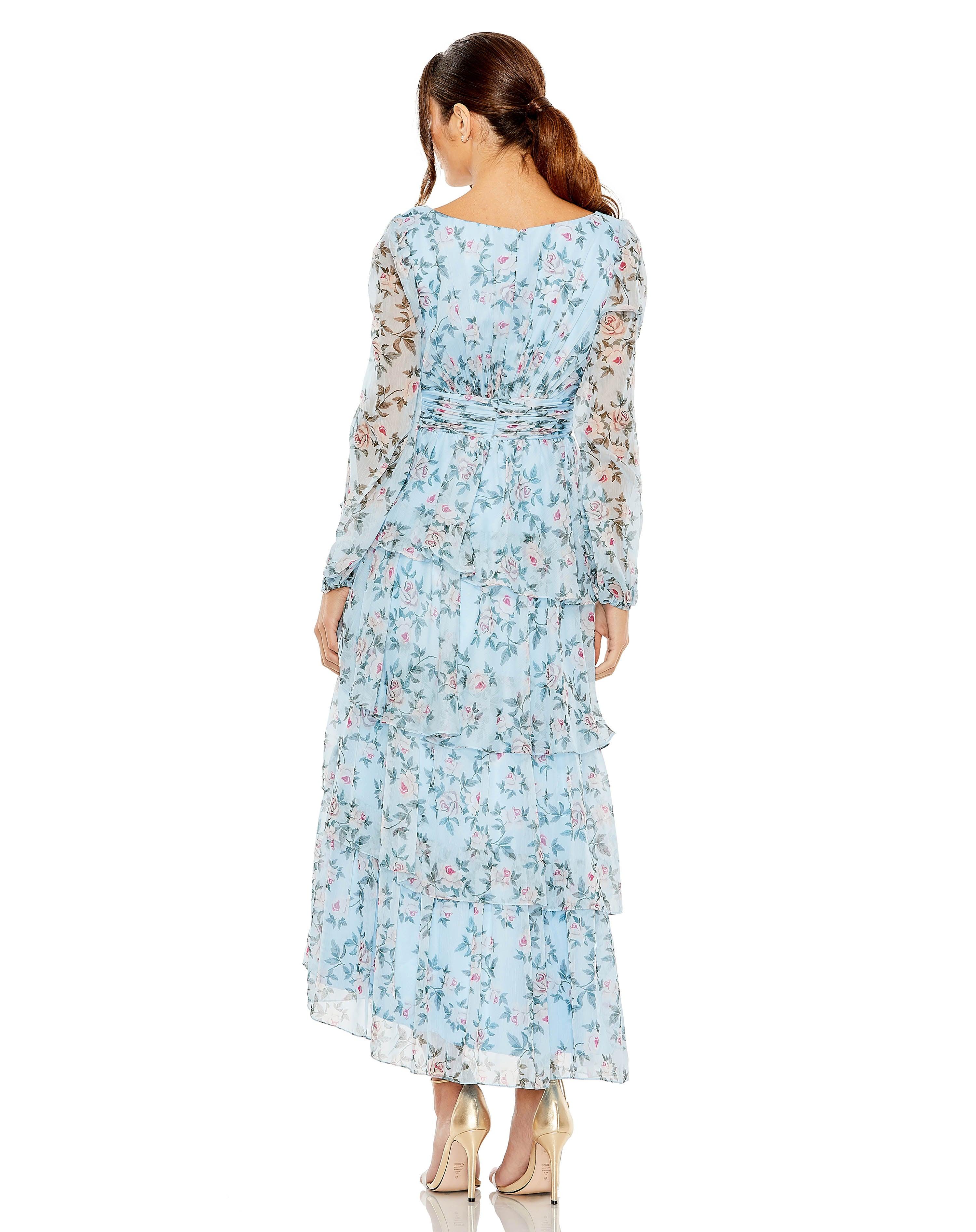 Formal Dresses Long Sleeve Floral High Low Dress Aqua Multi