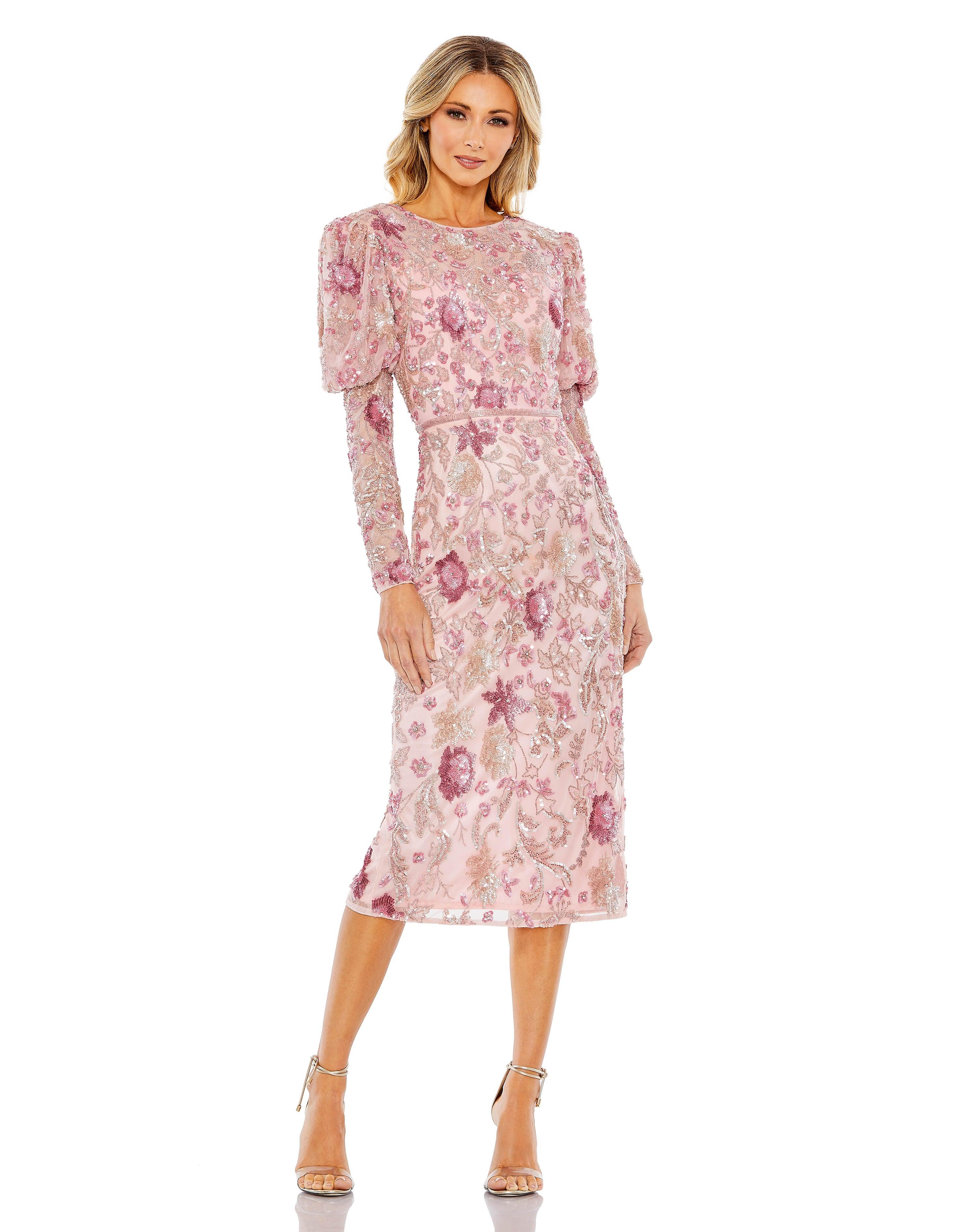 Cocktail Dresses Tea Length Long Sleeve Formal Dress Rose