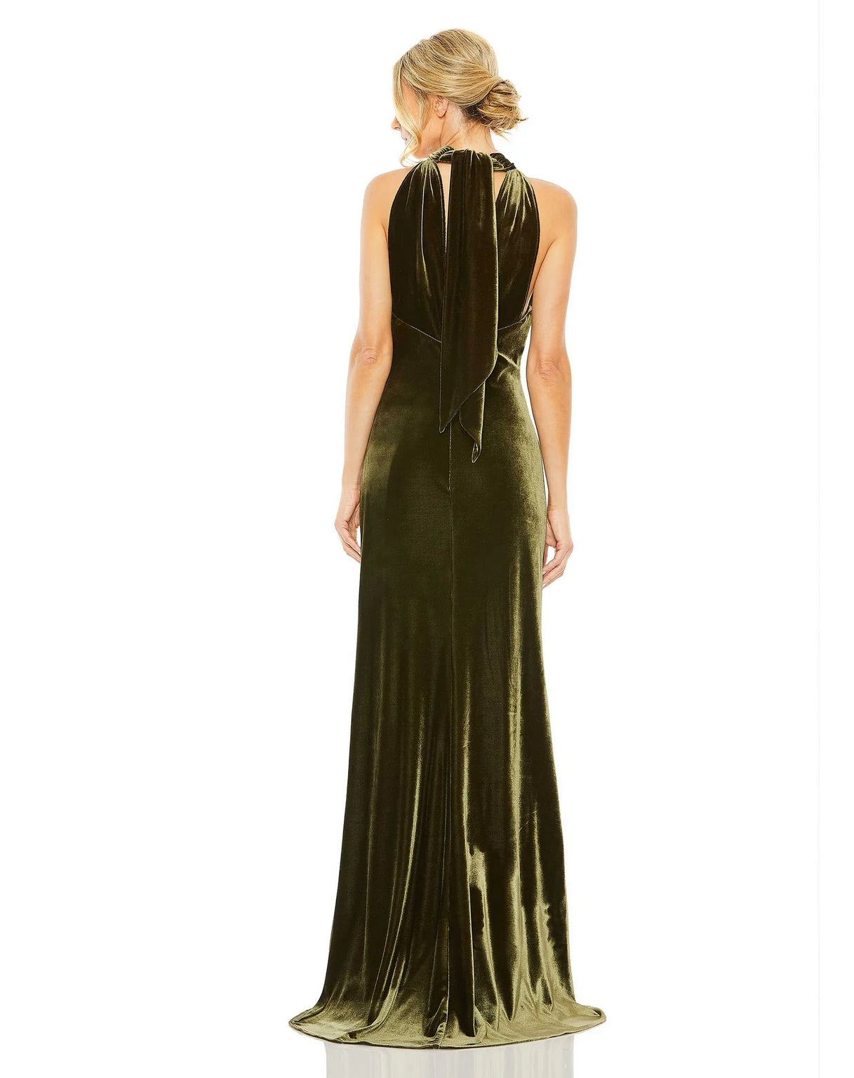 Mac Duggal 55954 Long Halter Tie Front Slit Velvet Column Dress