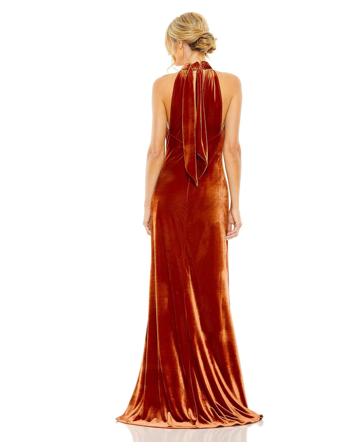 Mac Duggal 55954 Long Halter Tie Front Slit Velvet Column Dress