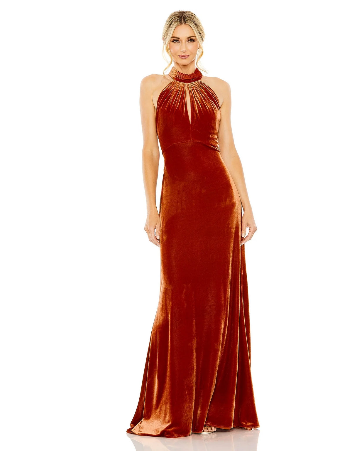Olive Mac Duggal 55954 Long Halter Tie Front Slit Velvet Column Dress for  $458.99 – The Dress Outlet