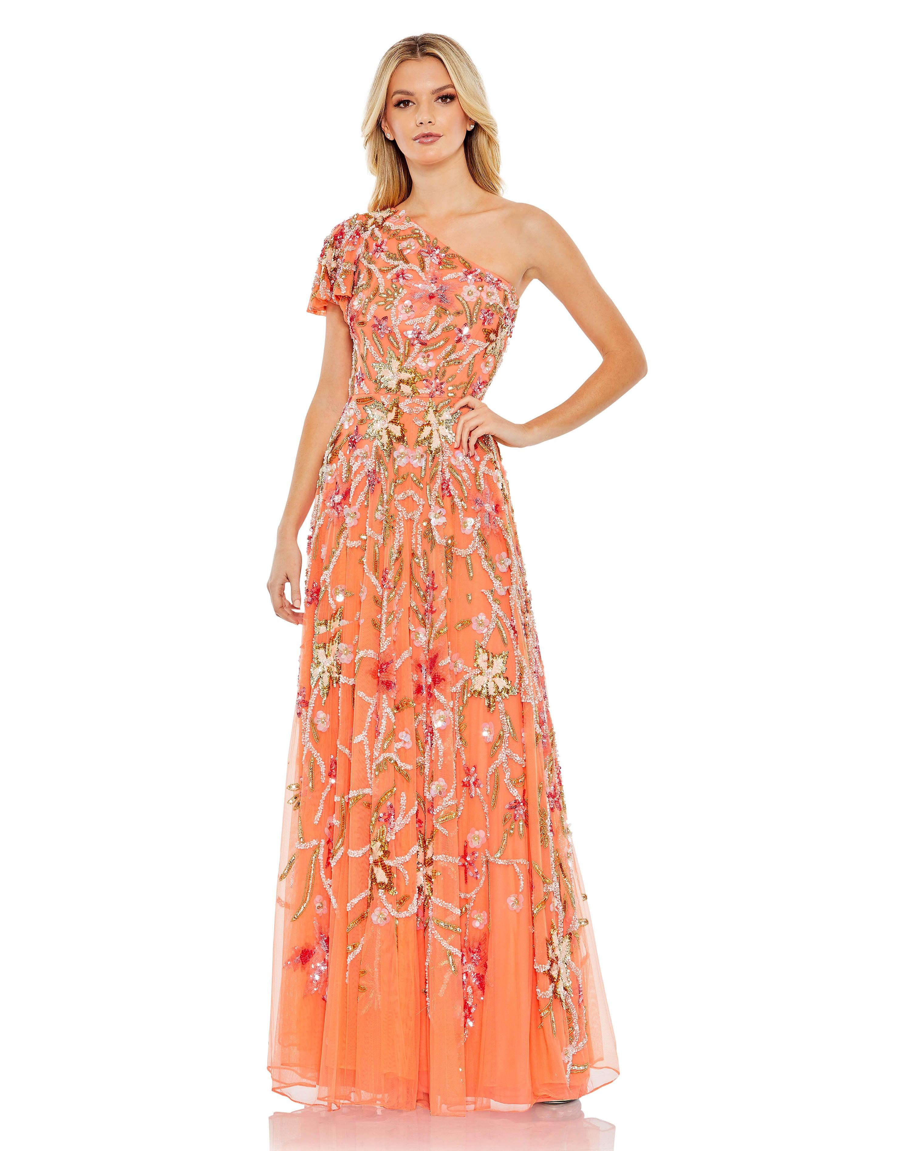 Formal Dresses Long One Shoulder Floral Formal Dress Coral