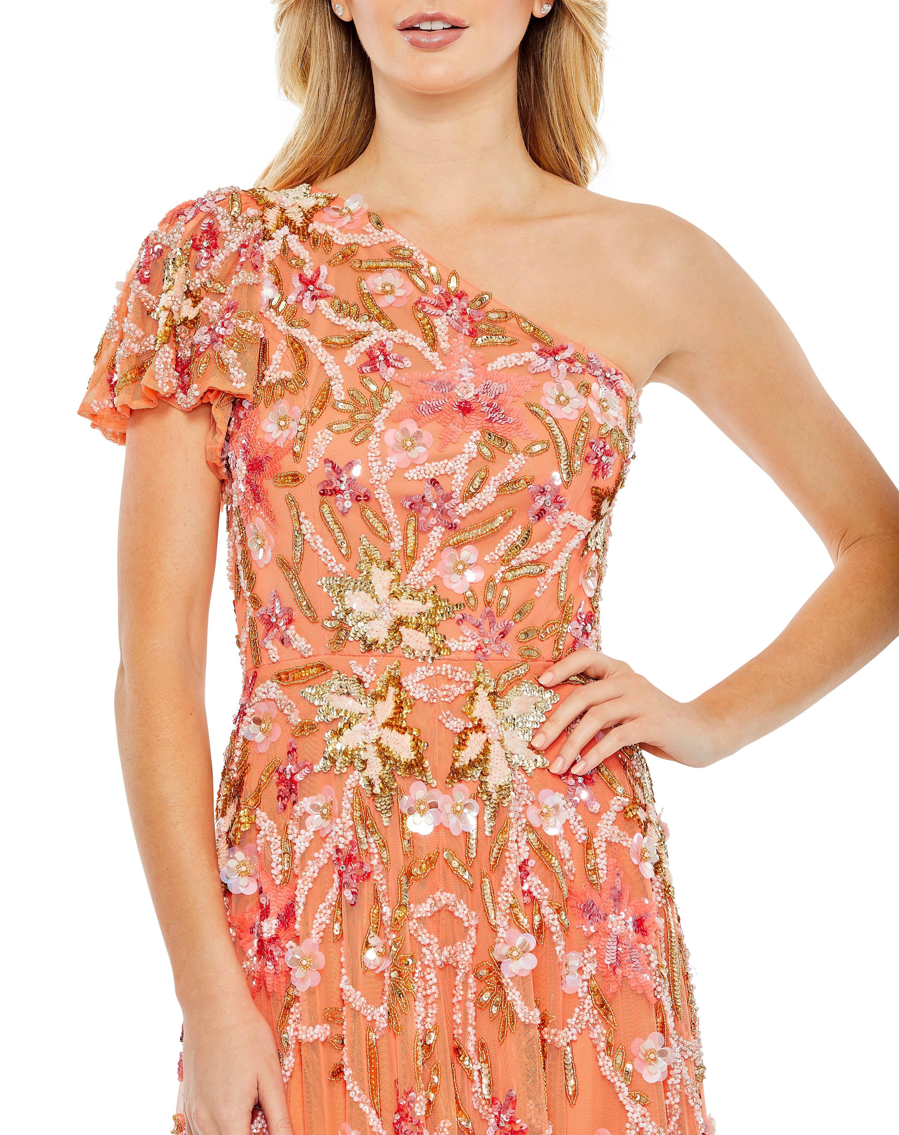 Formal Dresses Long One Shoulder Floral Formal Dress Coral