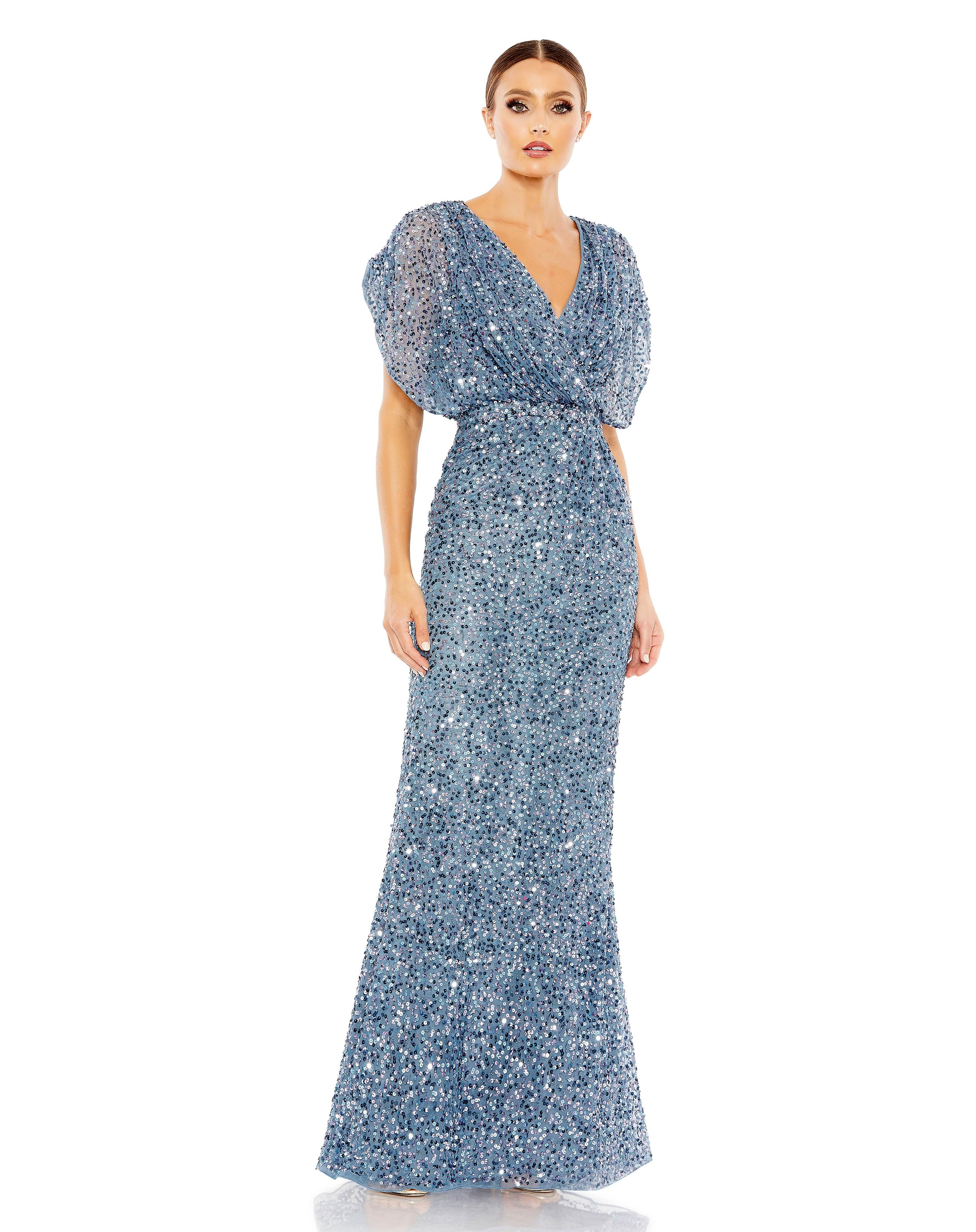 Mac Duggal - Blue Sequin Draped Sleeve V-Neck Gown - US 14 Mac Duggal - Blue Sequin Draped Sleeve V-Neck Gown - US 14