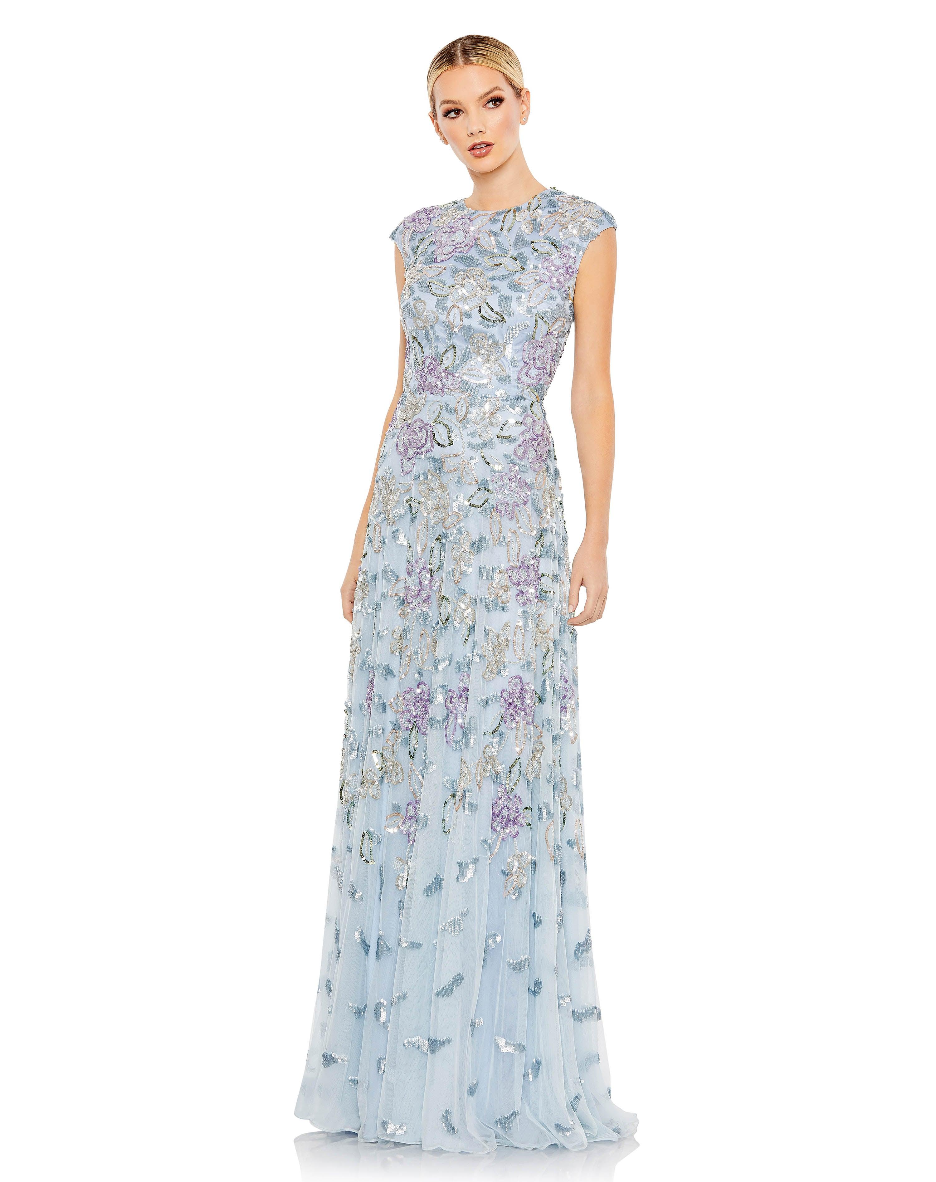 Ice Blue Multi Mac Duggal 5647 Long Cap Sleeve Formal Dress for $698.0 ...