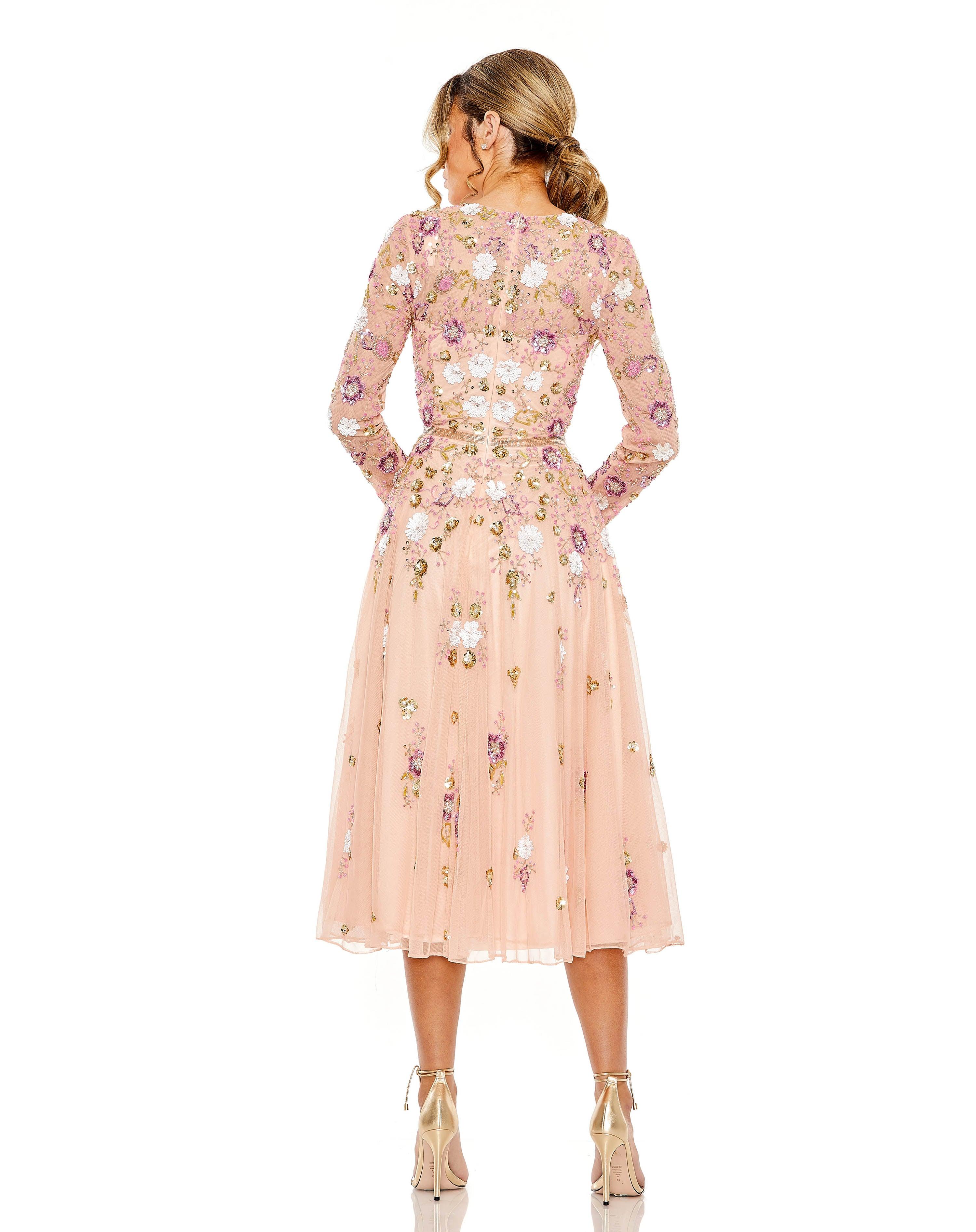 Blush Mac Duggal 5716 Tea Length Long Sleeve Formal Dress