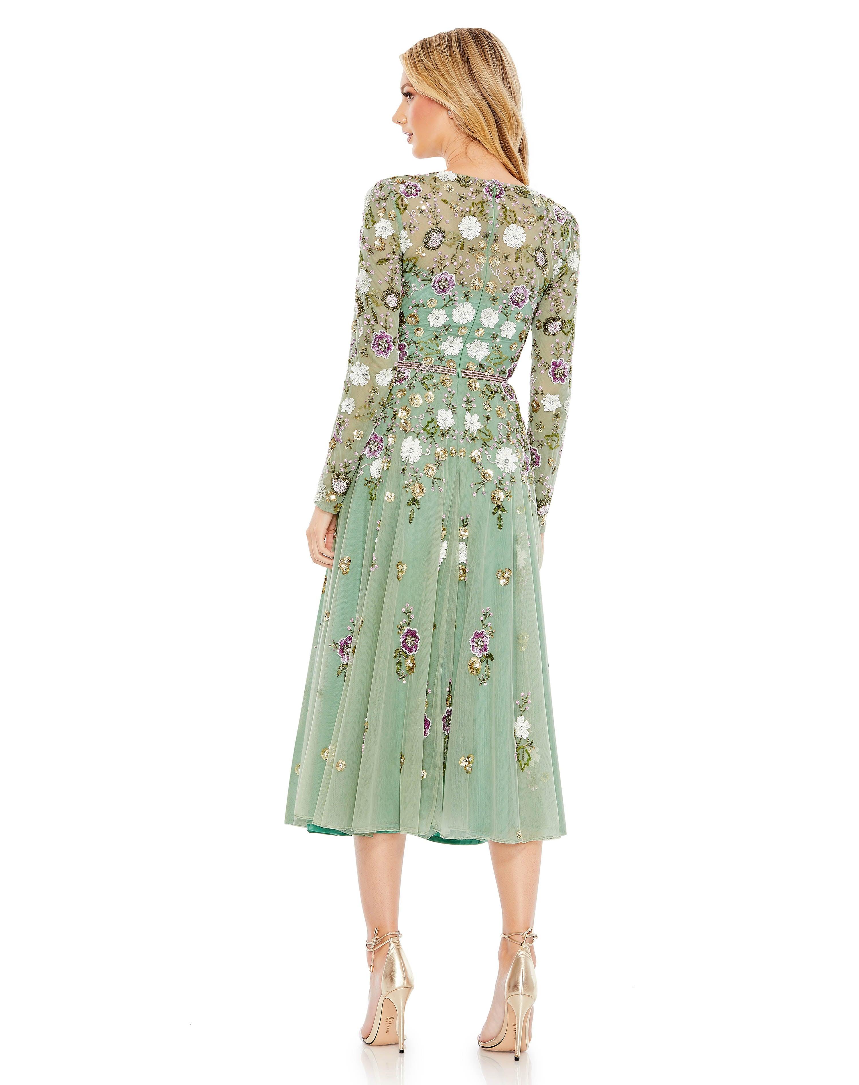 Blush Mac Duggal 5716 Tea Length Long Sleeve Formal Dress