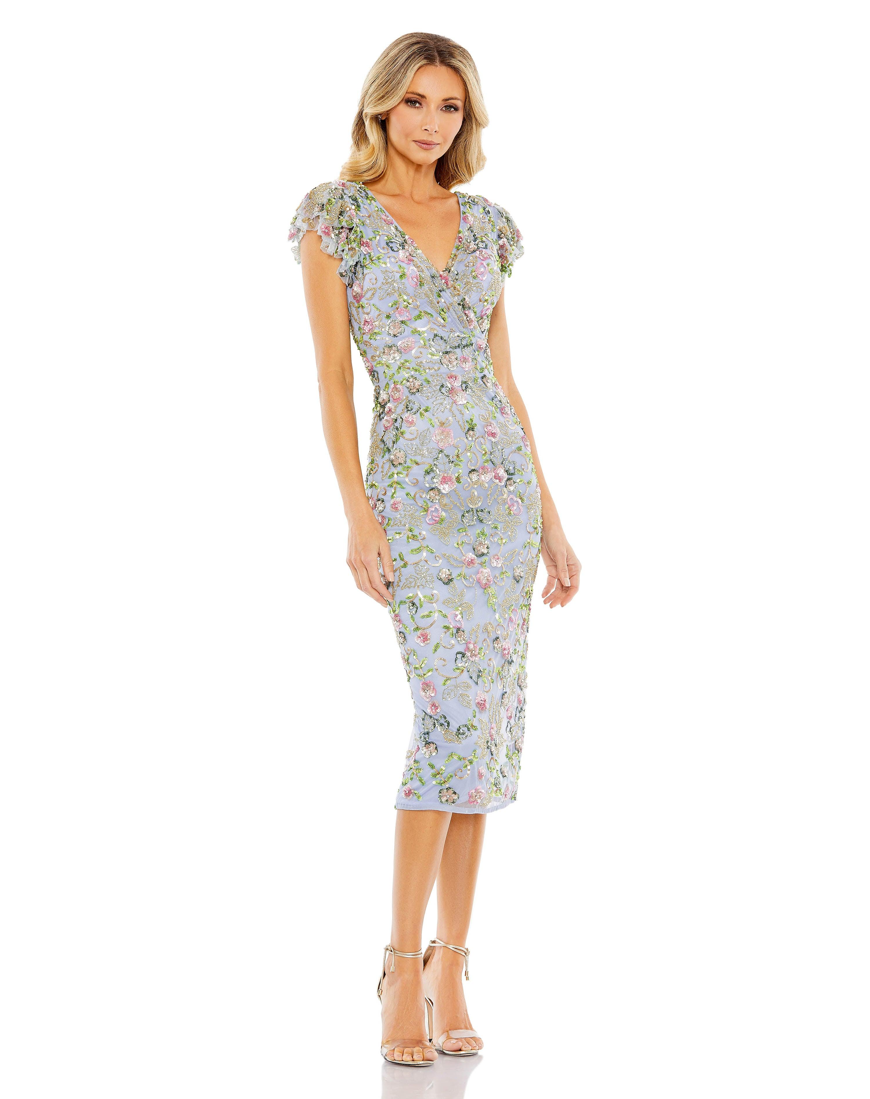 Mac Duggal Women's Floral Embellished Flutter Cap Sleeve Dress - Gray - Size 14 - Slate Blue Multi Mac Duggal Women's Floral Embellished Flutter Cap Sleeve Dress - Gray - Size 14 - Slate Blue Multi