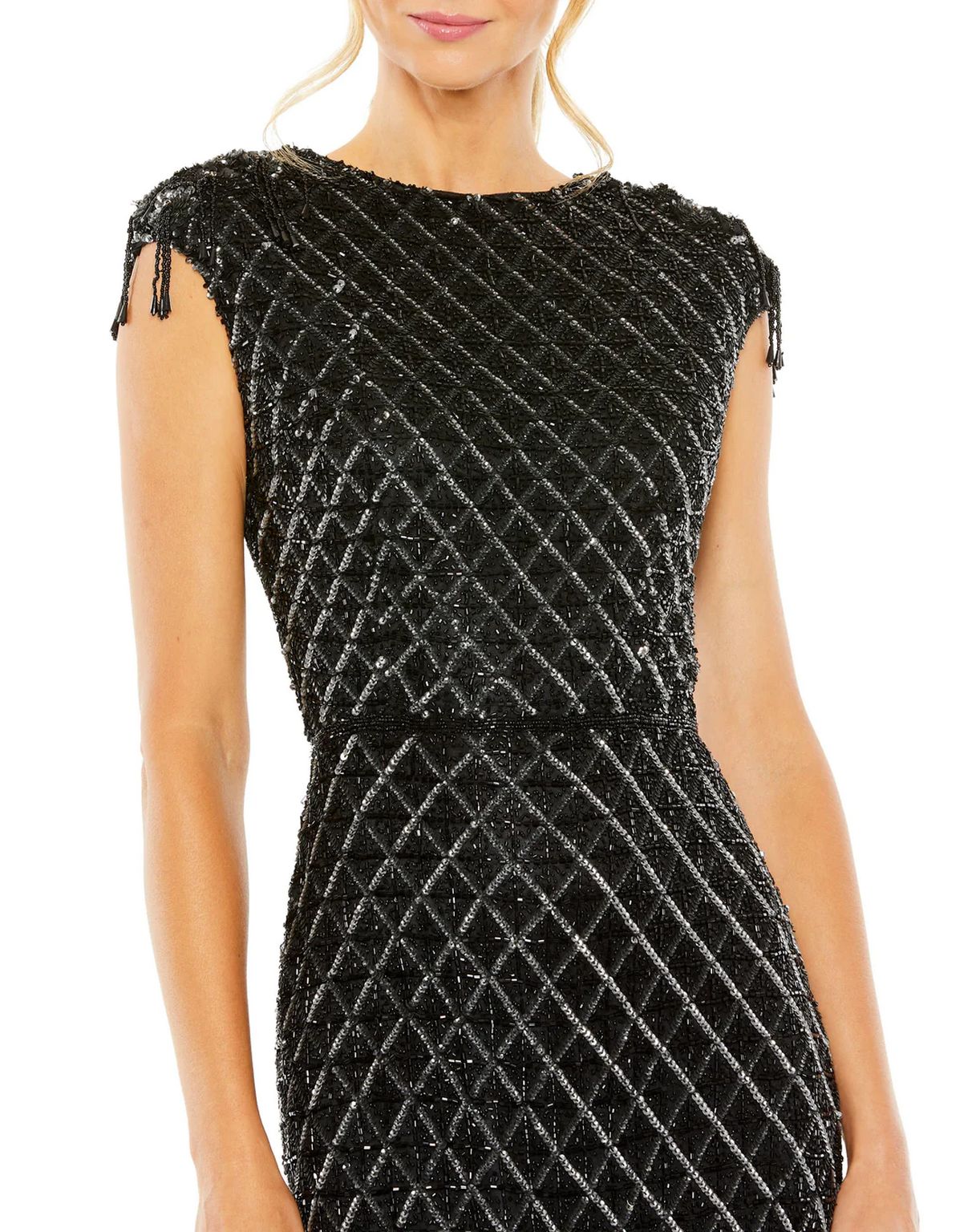 Mac Duggal 5776 Formal Beaded Fringe Midi Dress