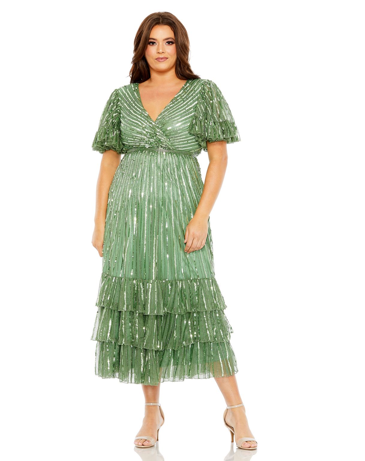 Mac Duggal Beaded Faux Wrap Flutter Sleeve Ruffle Dress - Sage Mac Duggal Beaded Faux Wrap Flutter Sleeve Ruffle Dress - Sage