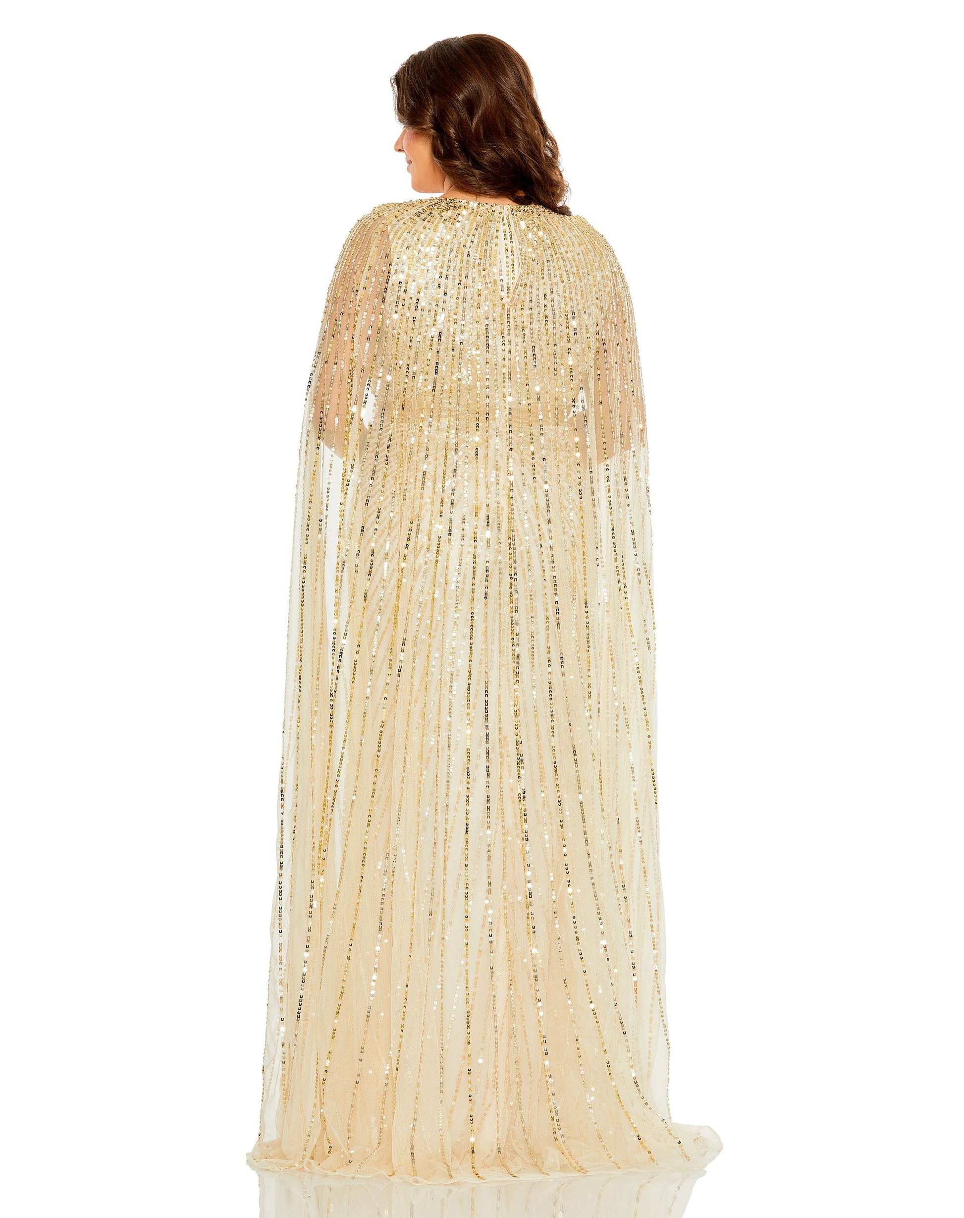 Mac Duggal 5804 Long Plus Size Sequined V Neck Cape Sleeve Dress