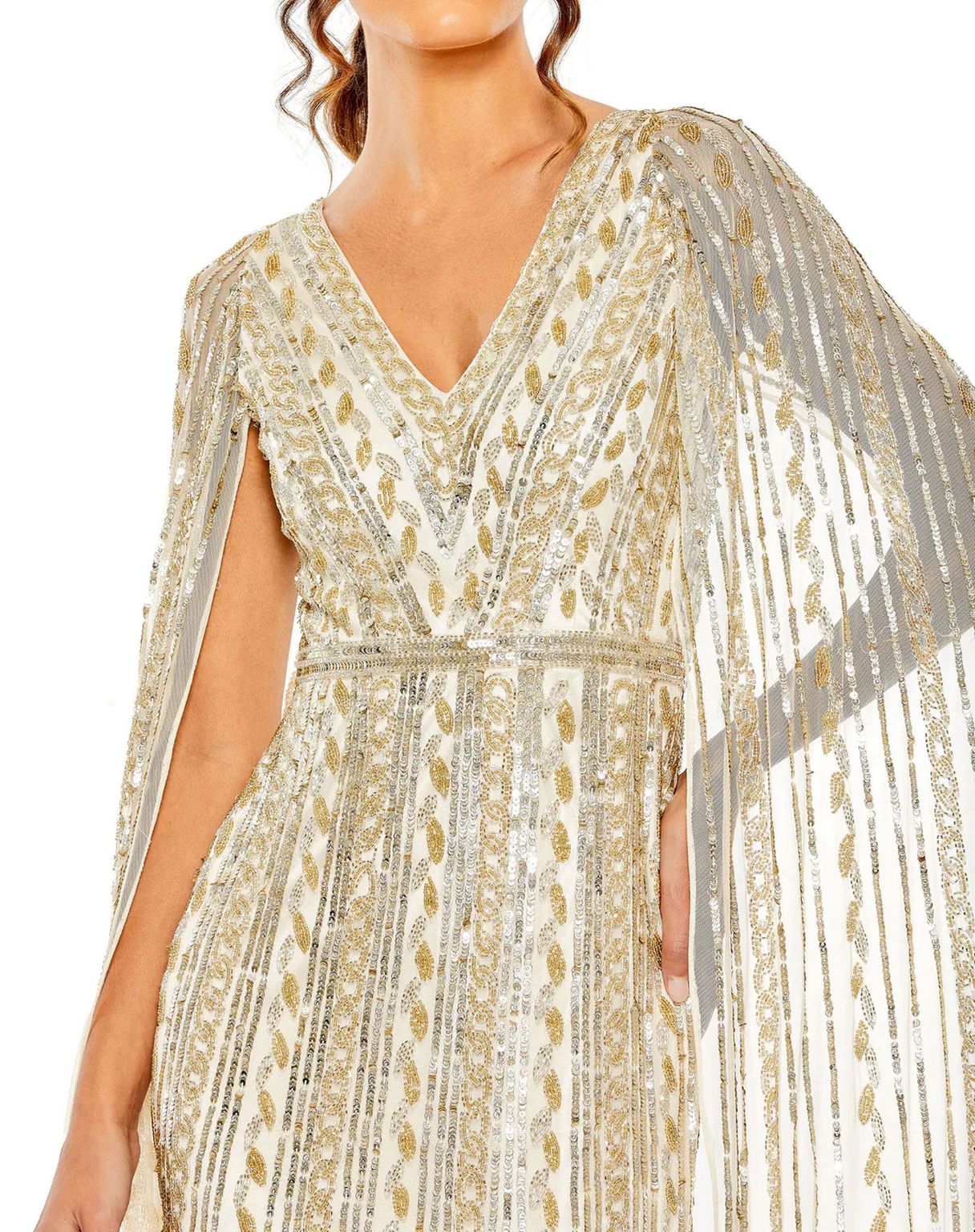 Mac Duggal 5915 Long Sequined V Neck Cape Sleeve Dress