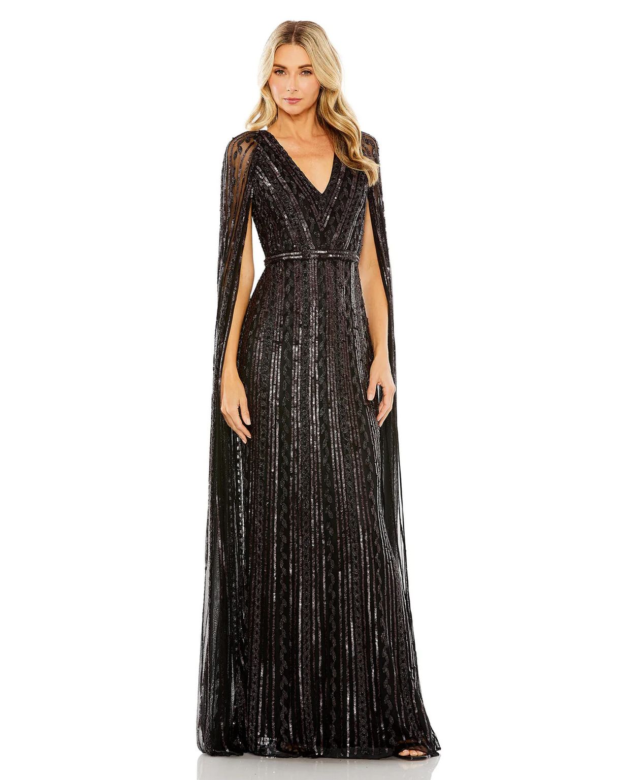 Mac Duggal - Black Sequined V-Neck Gown with Cape Sleeves - US 8 Mac Duggal - Black Sequined V-Neck Gown with Cape Sleeves - US 8