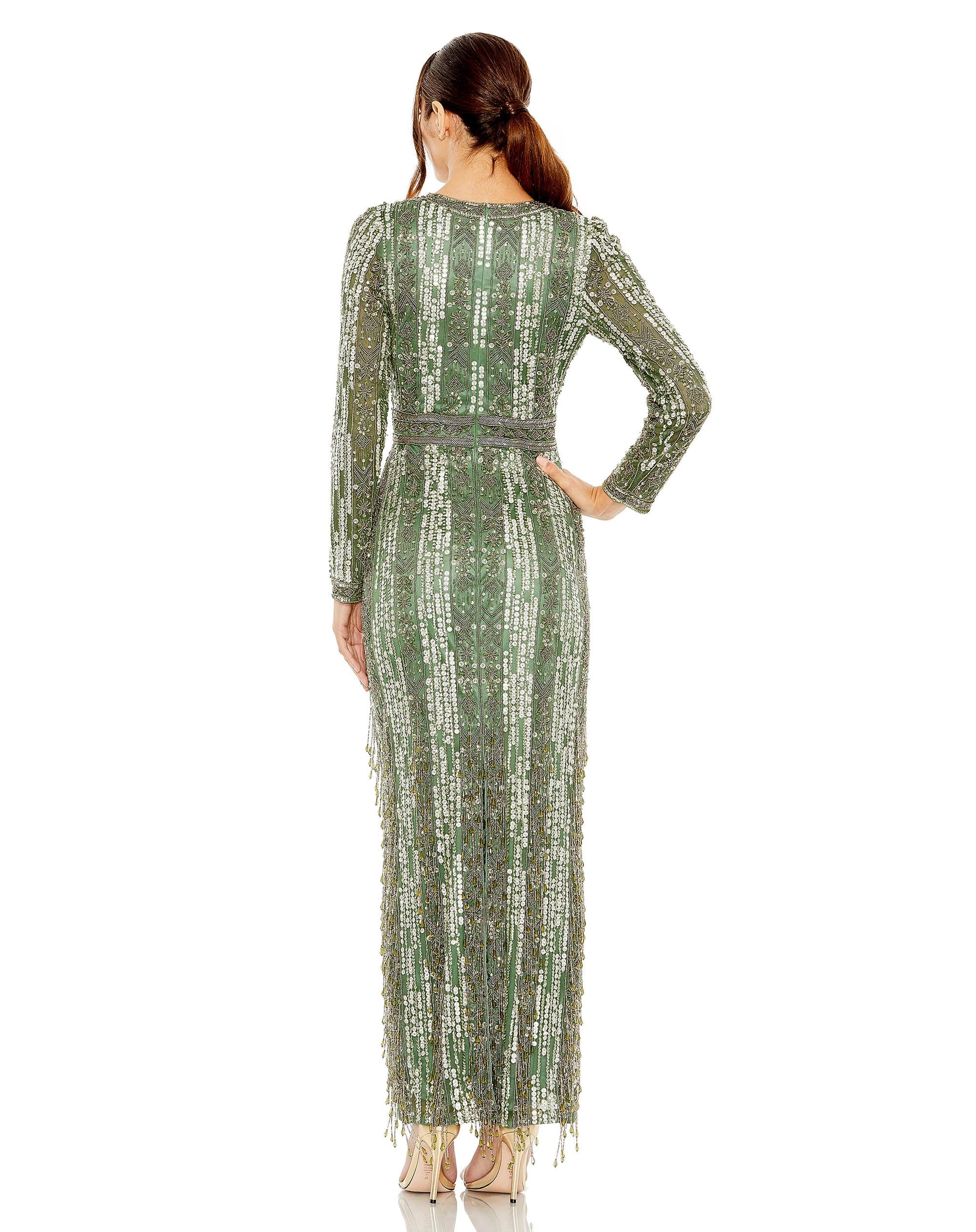 Mac Duggal 5981 Long Sleeve Crystal Fringe Column Dress