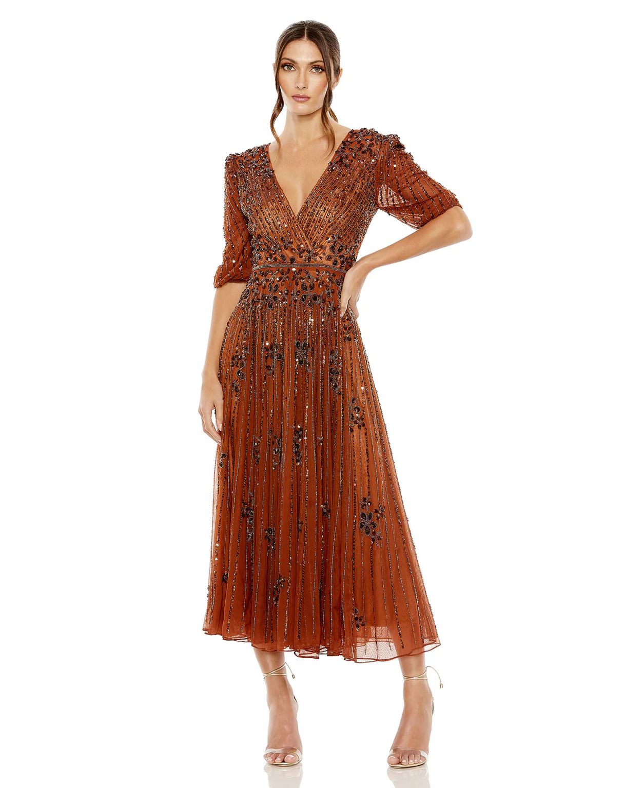 Mother of the Bride Dresses Puff Quarter Length Sleeve V Neck Midi Dress Cinnamon