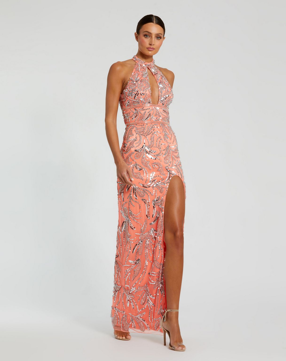 Mac Duggal 6030 Long Fitted Slit Beaded Prom Formal Dress