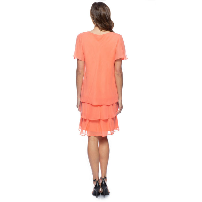 Cocktail Dresses Tiered Chiffon Rhinestone Keyhole Flutter Short Sleeve Dress Coral