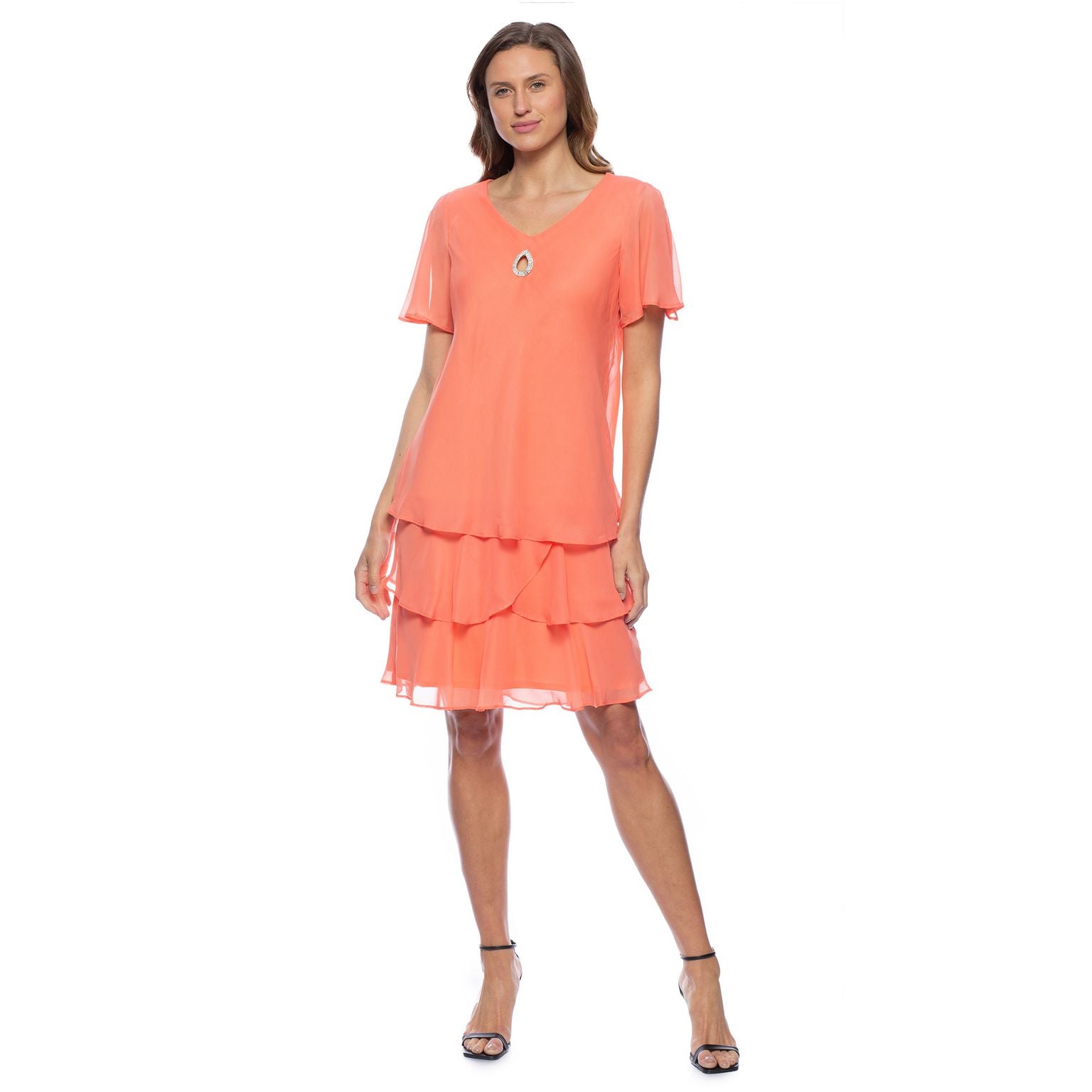 Marina Tiered Chiffon Rhinestone Keyhole Flutter Short Sleeve Dress