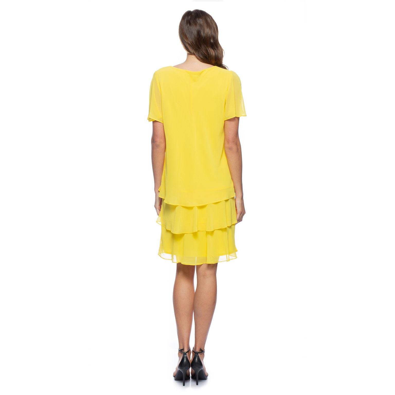 Marina  Tiered Chiffon Rhinestone Keyhole Flutter Short Sleeve Dress