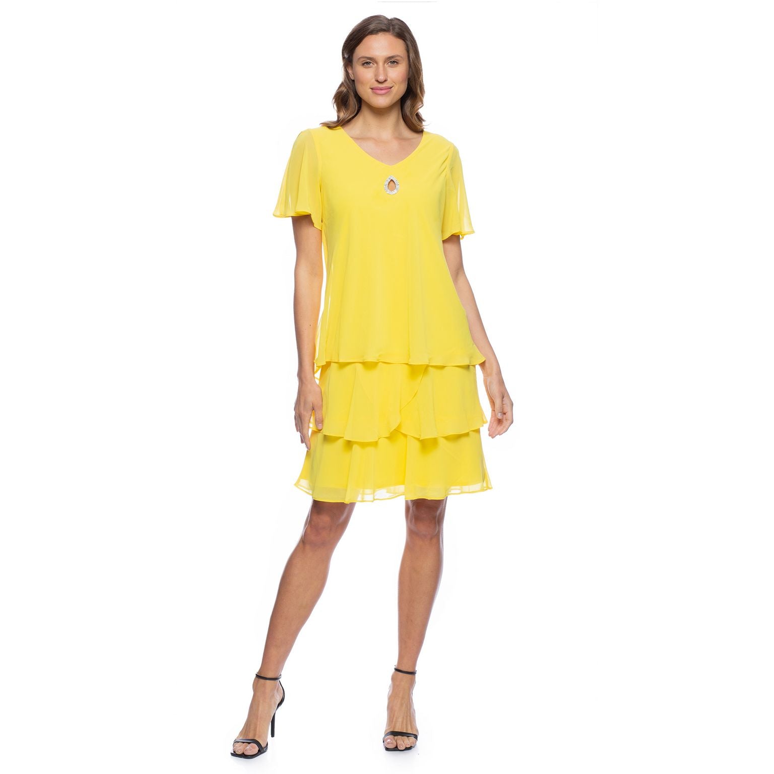 Marina  Tiered Chiffon Rhinestone Keyhole Flutter Short Sleeve Dress