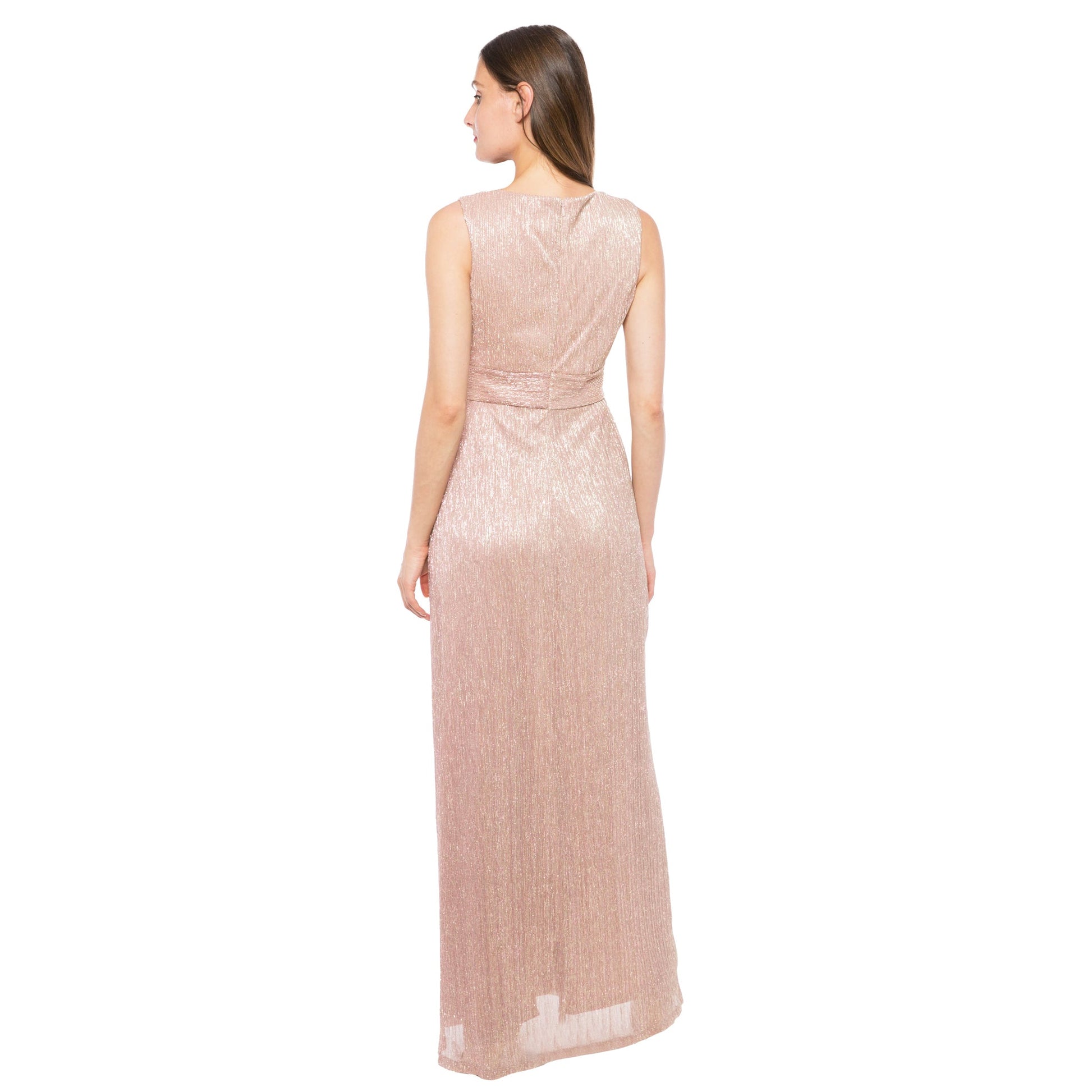 Marina  Long Pleated Metallic Waist Shirring Dress
